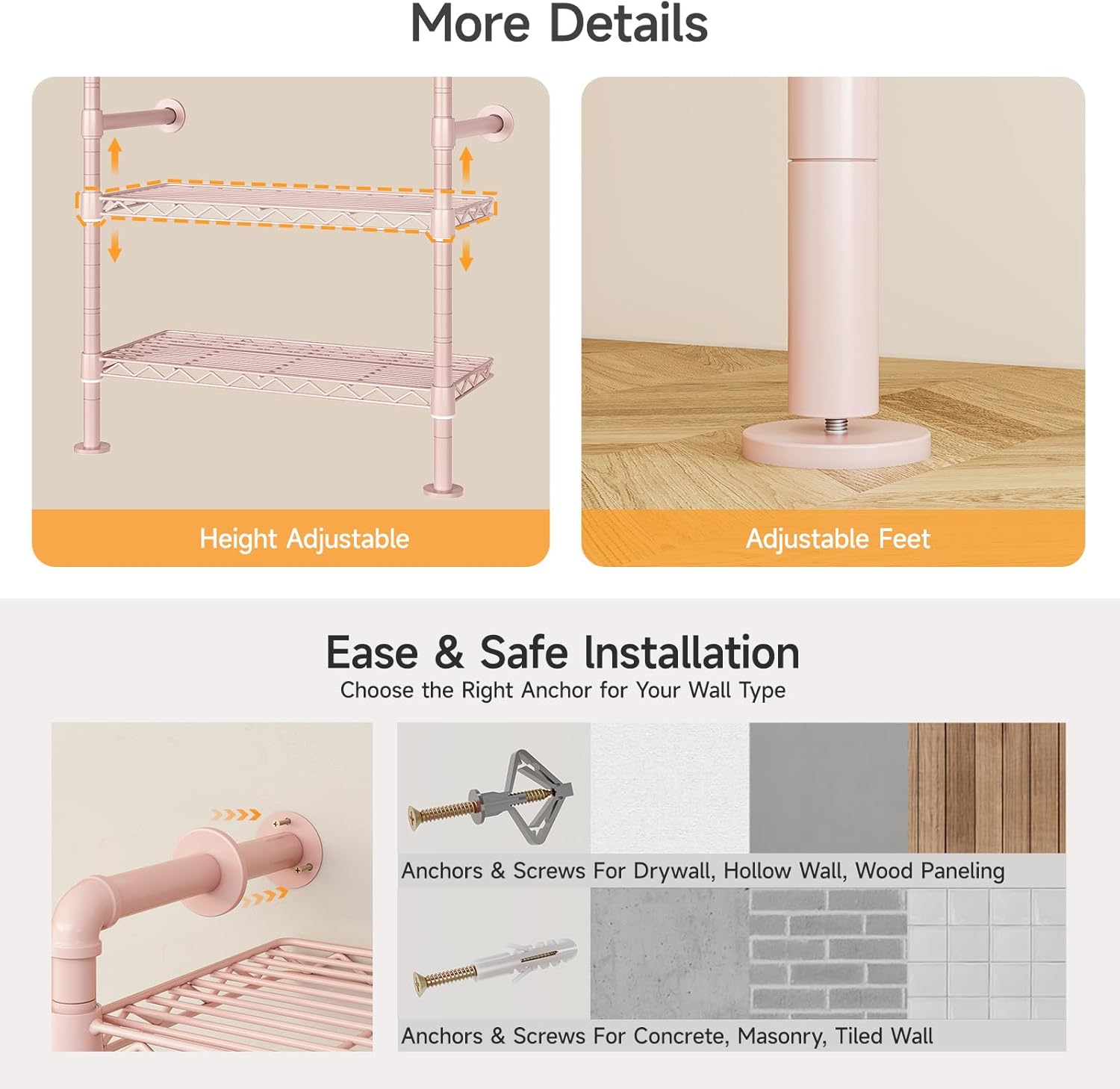 ONBRILL H3 Wall Mounted Closet System, Expandable Industrial Pipe Clothes Rack Clothing Rack for Hanging Clothes, Heavy Duty Closet Organizers and Storage in Wardrobe Closet, Pink