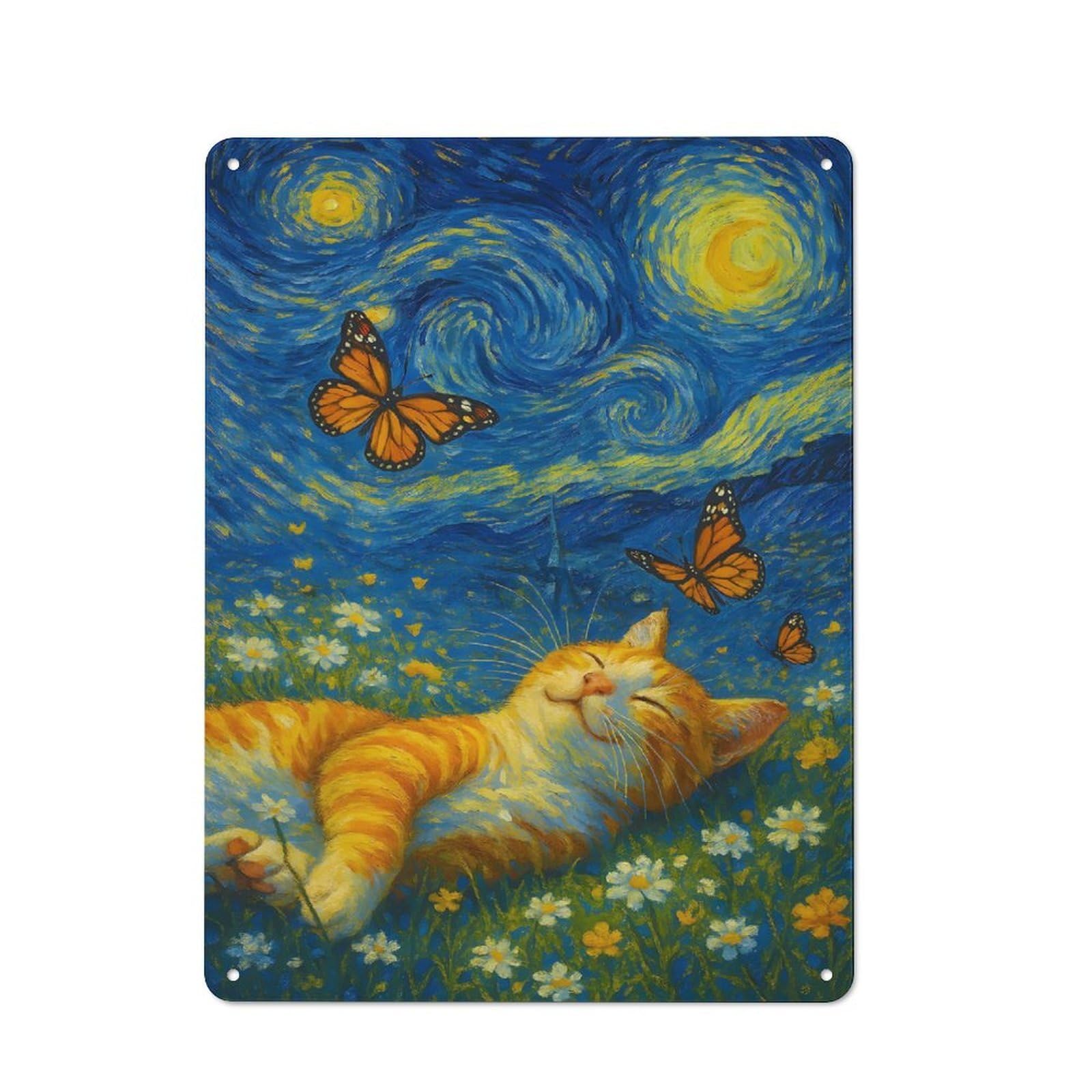 Junmoney Style-8 Cat In Starry Night Field Metal Wall Sign 40X30cm, Retro Decor For Workshop Wall, For Garage, Workshop And Man Cave Decoration