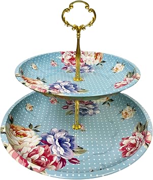 Charmed Vintage Floral Pattern 2 Tier Cake and Pastry Stand Server Blue