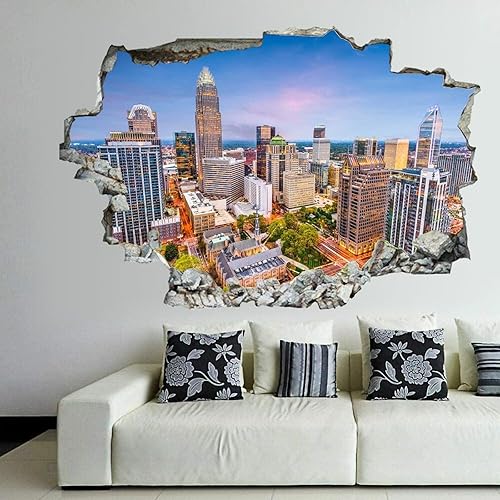 Calcomanías de pared rotas 3D Charlotte, Carolina del Norte, Estados Unidos, paisaje urbano al anochecer 36 x 24 pulgadas, vinilo de pared Calcomanías de pared rotas 3D Charlotte, Carolina del Norte, Estados Unidos, paisaje urbano al anochecer 36 x 24 pulgadas, vinilo de pared