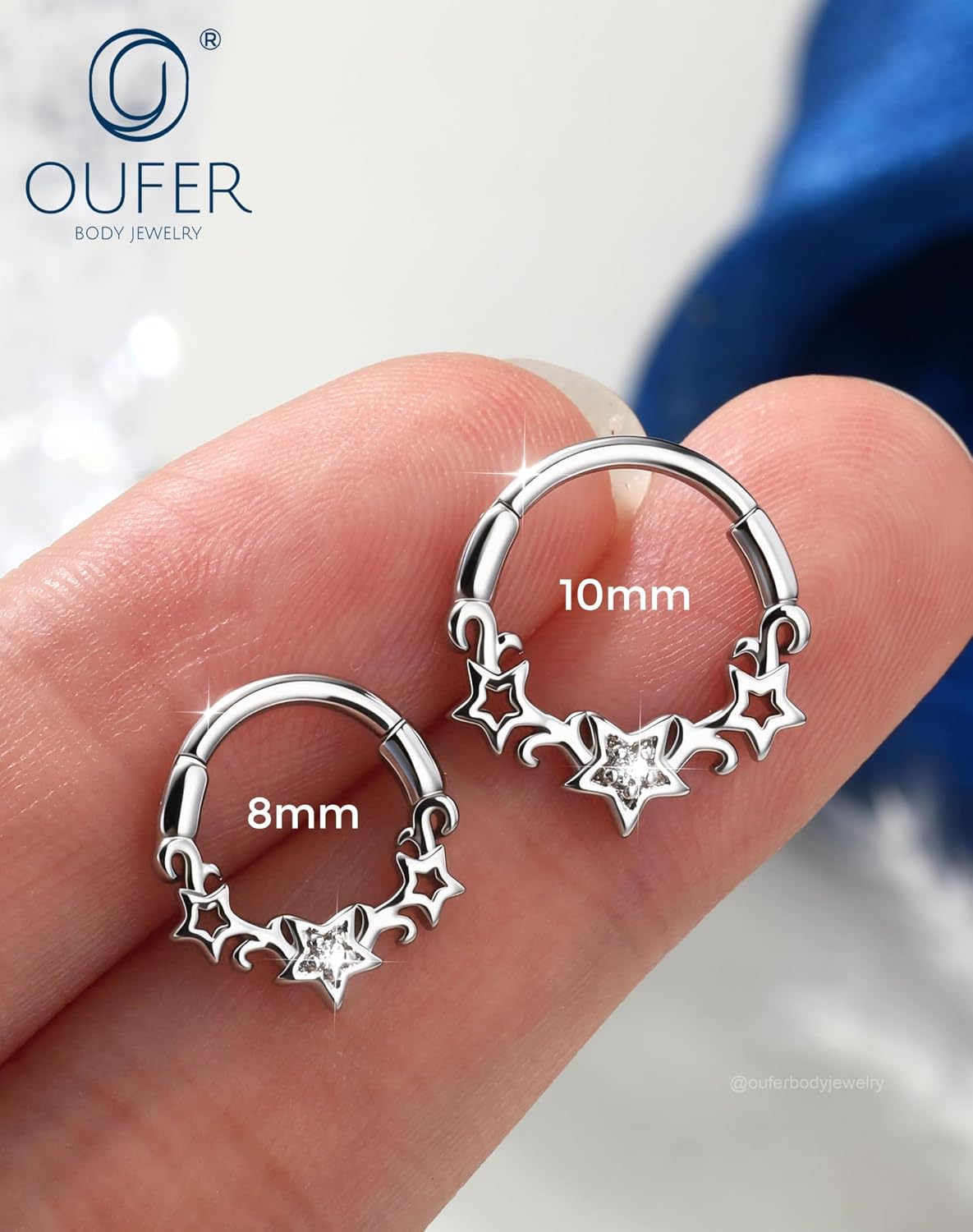 OUFER 16g Hinged Segment Clicker Septum Rings, Sparkling Cubic Zirconia Daith Earrings made of 316L Surgical Steel, Star Tragus Helix Piercing Jewelry for Women