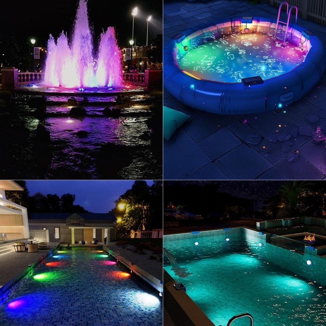 LED ATOMANT Pack 2x Luces solares para piscinas sin instalacion LED 2,6W RGB IP68, Cable 1m, Fijacion con adhesivo o tornillos, Luz solar piscina sumergible para decoracion, Iluminacion impermeable