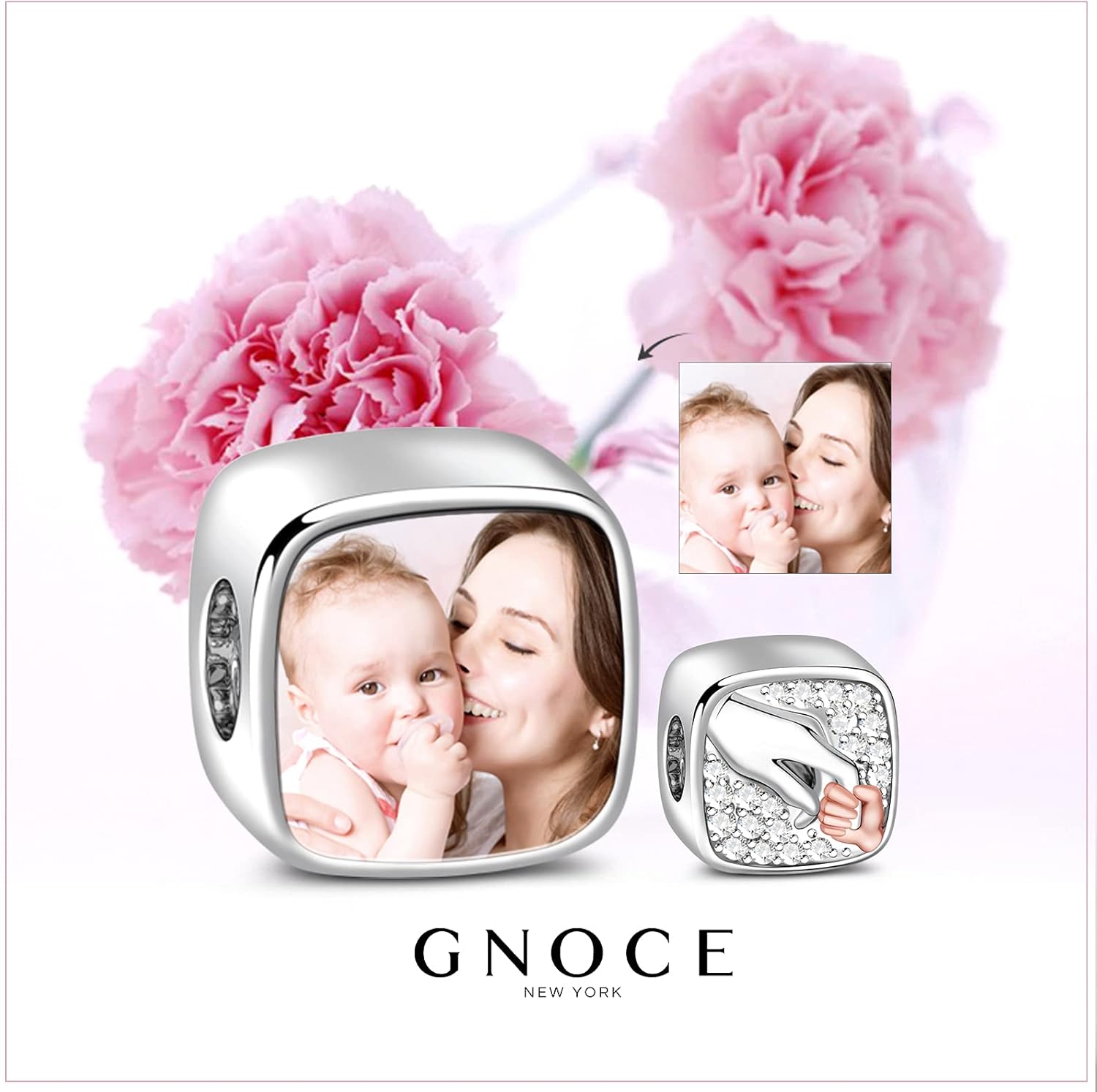 GNOCE Custom Charm Bead Sterling Silver Mom-Love Bond Personalized Photo Charm with Holding Hands fit Bracelet Necklace Gift for Women
