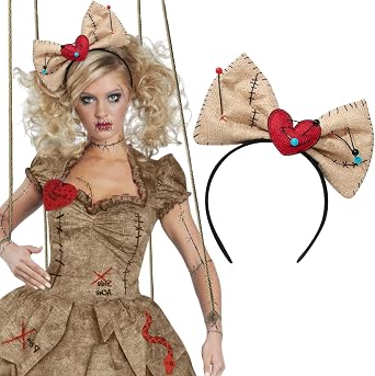 Halloween Creepy Doll Bow Headband Voodoo Rag Dolly Broken Heart With Pins Bowknot Head Hoop Evil Clockwork Clown Doll Hairband Cosplay Hair Accessory for Carnival Horror Party Masquerades