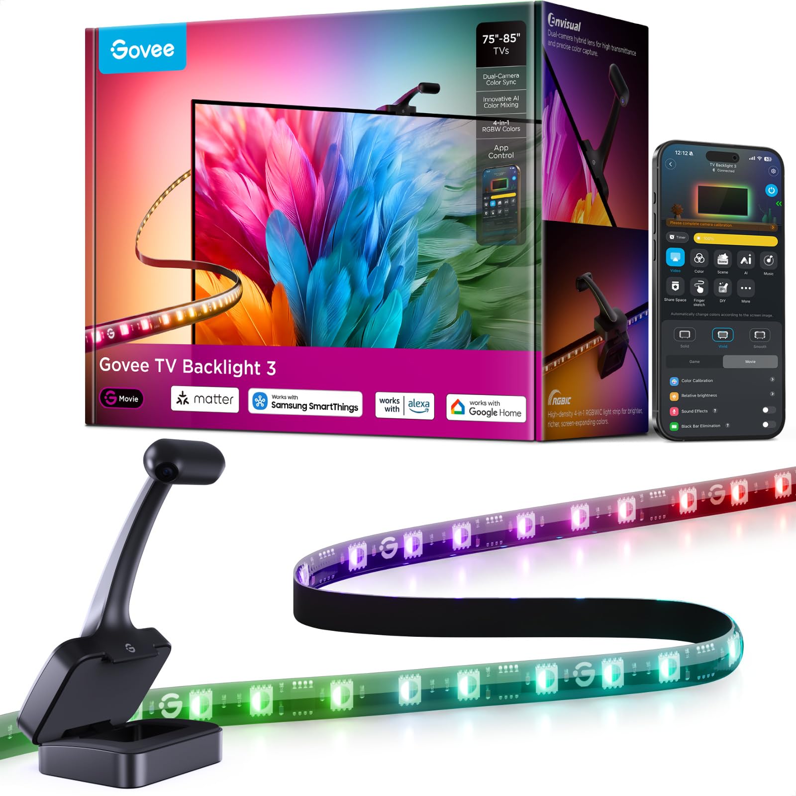 Govee LED TV Retroilluminazione 3 Doppia Telecamera, Striscia RGBWIC 5M | 4MP Doppia Telecamera, Sincro Schermo per 75-85 Pollici TV, 60 LED/m, Filtro AI, Comando App/Voce, Compatibile Matter/Alexa