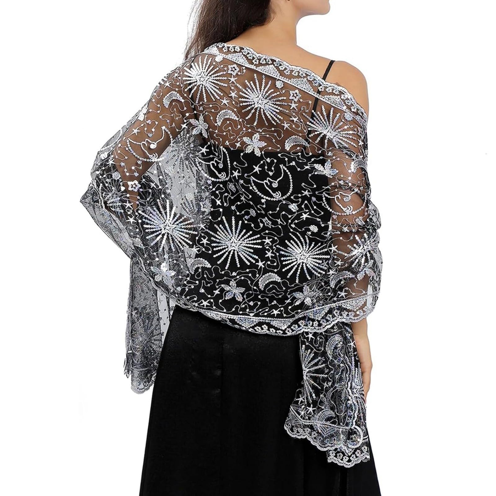Generico Sciarpa Scialle Donna Perline Luna Stelle Sciarpe E Abiti Da Sera Mantelle Elegante Donna Stelle Serale Mantella Sposa Elegante Coperta