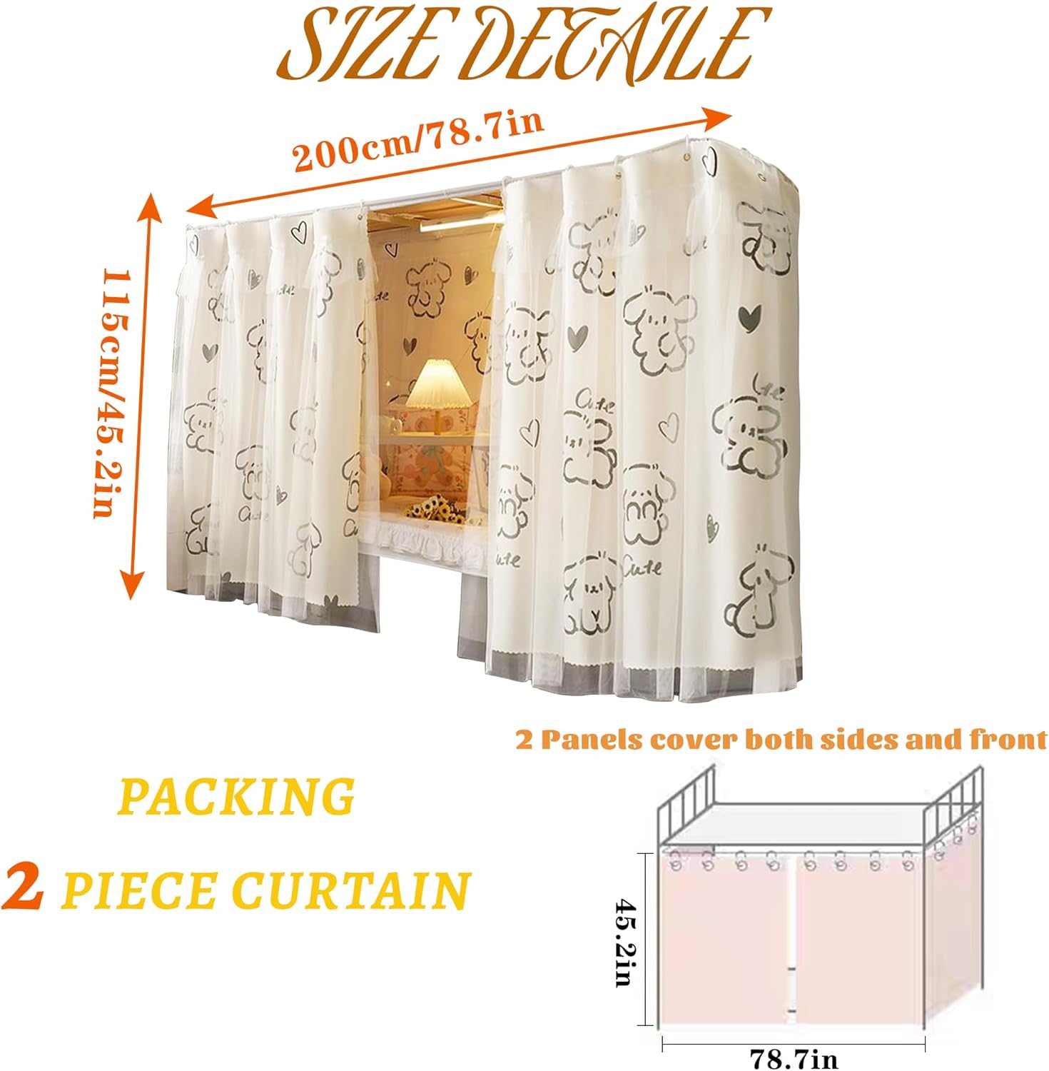 Hoce Bunk Bed Curtain Gauze Bunk Bed Curtains Drapes with Lace Privacy Dorm Bed Canopy for Bottom Twin, 2 Panels