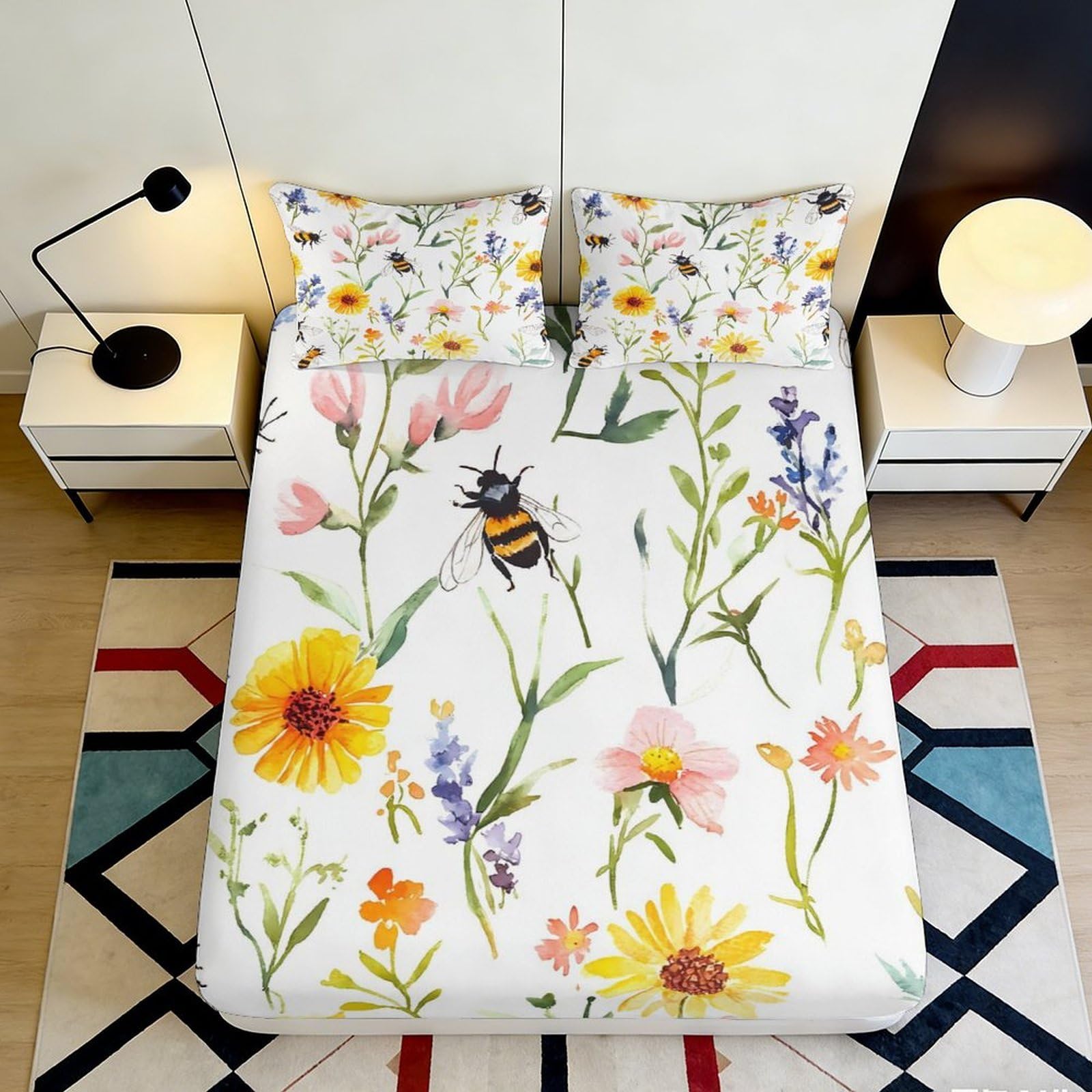 3D Printed Wildflower Bee Fitted Sheet Microfiber Soft Breathable Meadow Blossom Mattress Cover for Bedroom Dorm Decor 200x200x25cm