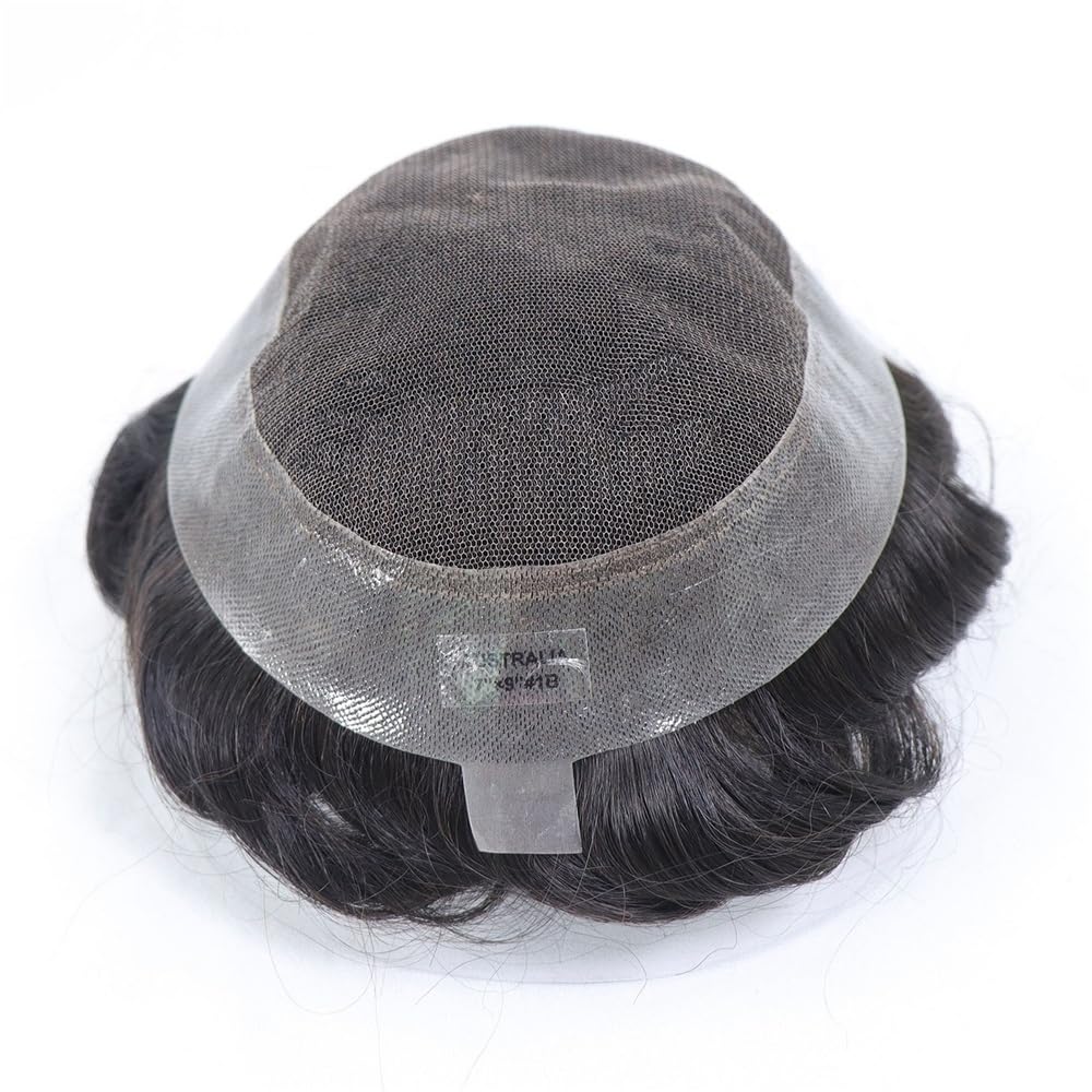 Tupé de pelo para hombres Tupé de cabello humano for hombre con encaje francés central PU alrededor del sistema reemplazo liso n.° 1B Sistema de cabello para hombres(7x10)