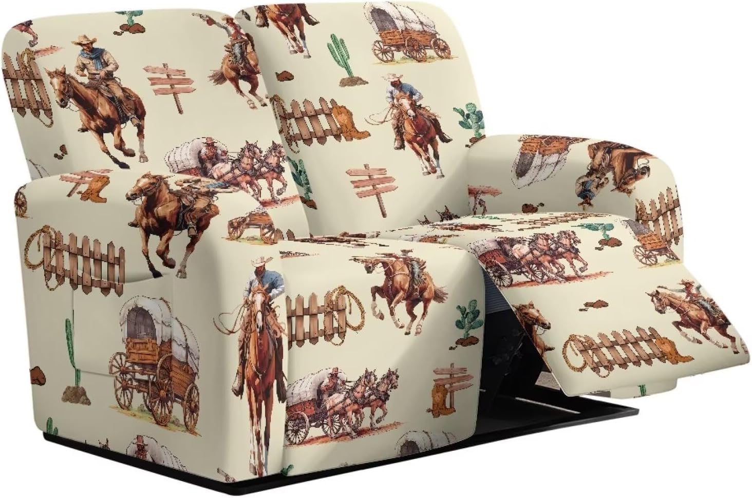 Horse Printed Furniture Covers for 2 Seat Loveseat Recliner Couch, Stretch Recliner Loveseat Cover Lazy Boy Reclining Slipcover with Pockets