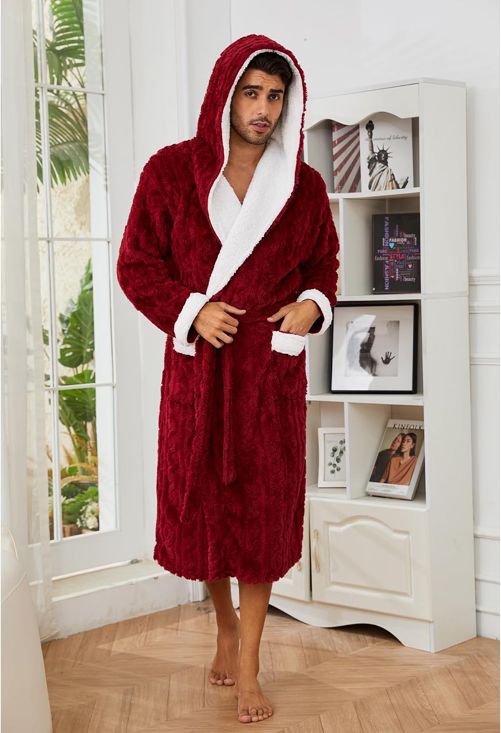 Vulcanodon Mens Robe with Hood,Full Length Plush Robe for Men Thick Fleece Bathrobe