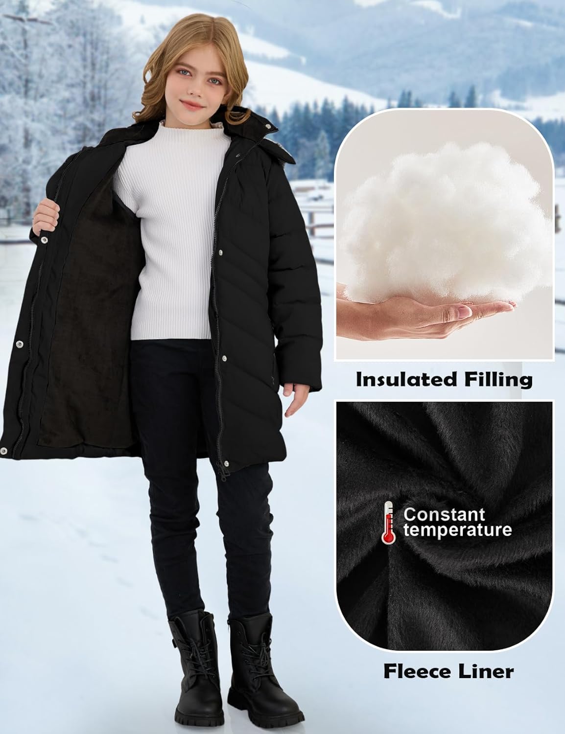 Yimoon Girl's Winter Coat Waterproof Warm Long Quilted Puffer Jacket Fleece Lined Hooded Parka Snow Coats（Black-13Y）