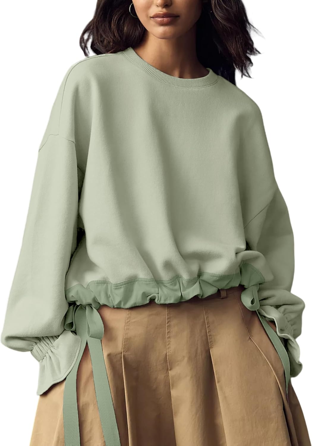 Women's Long Puff Sleeve Sweatshirt Drawstring Hem Crewneck Pullover Loose Solid Casual Tops