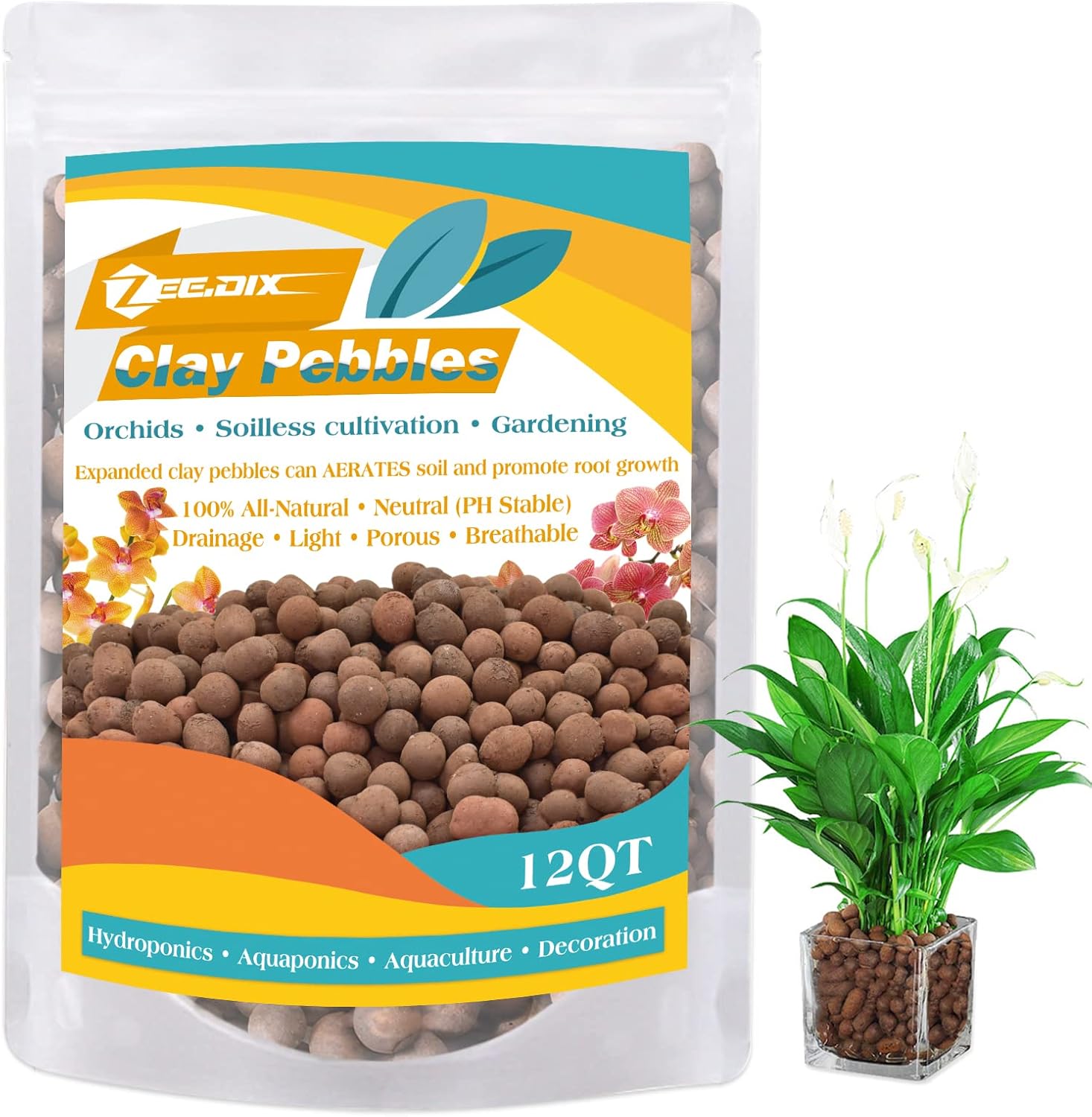 ZeeDix 7.5LB Expanded Clay Pebbles for Plants, 12QT 4mm