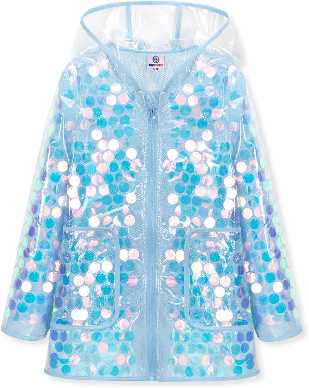 WELAKEN Girls Sequin Raincoat Waterproof Reusable Hooded Outwear Rain Jacket with Lining