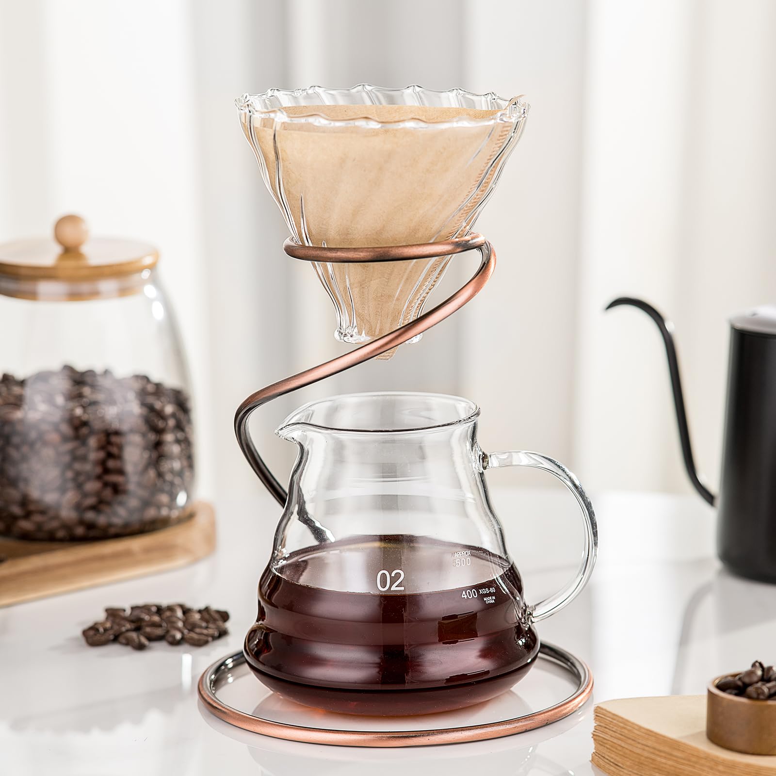 Coffee Pour Over Set - Complete Pour Over Coffee Maker with Dripper, 40Filters and Metal Stand - Portable & Stylish V60 Style Drip Coffee Brewer