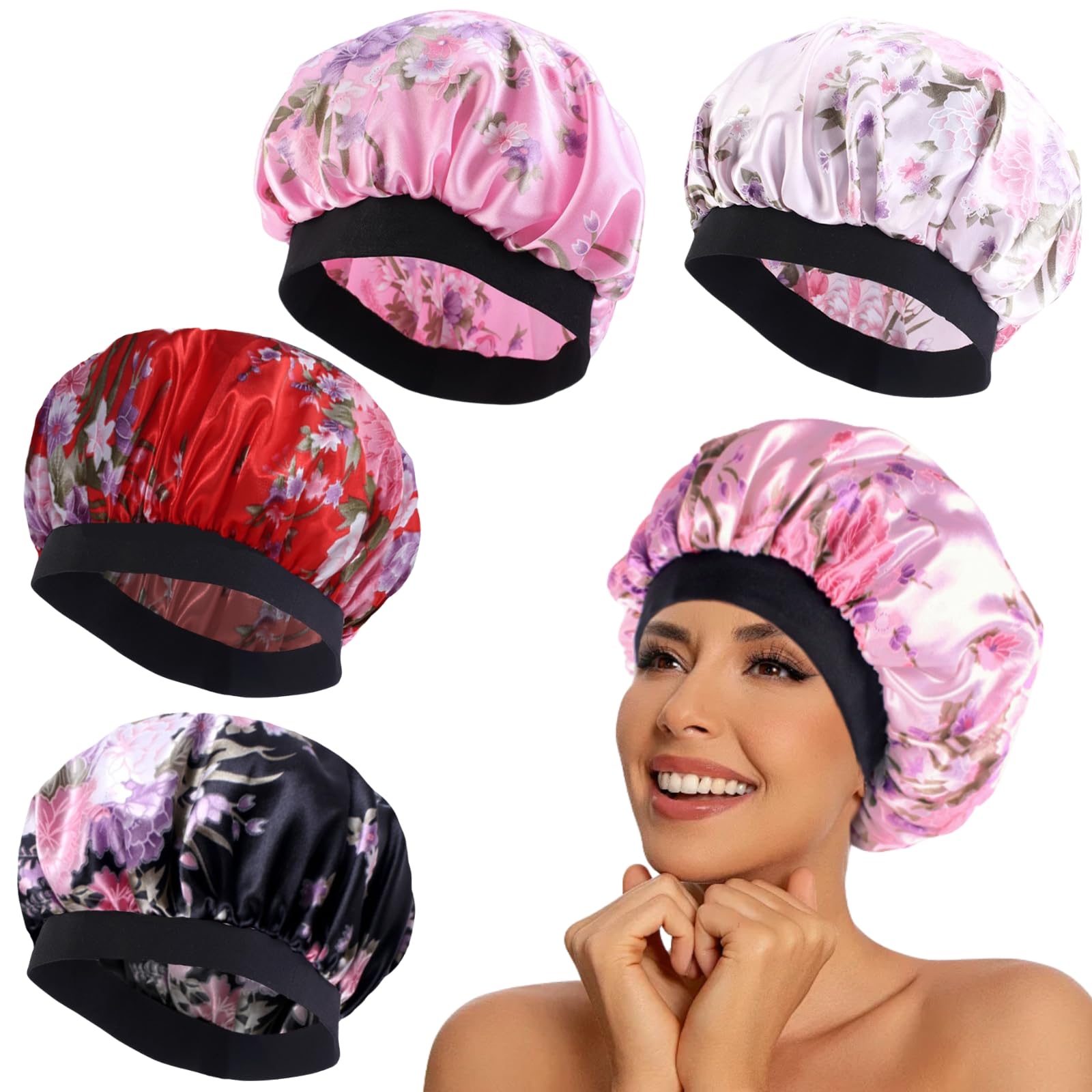 KEYRI 4 Pcs Soft Adjustable Satin Silk Bonnet Hair Wrap for Night Sleeping Hair Care Cap Head Cover Wide Elastic Band Unique Flower Design Curly Hair Protection - Image 4