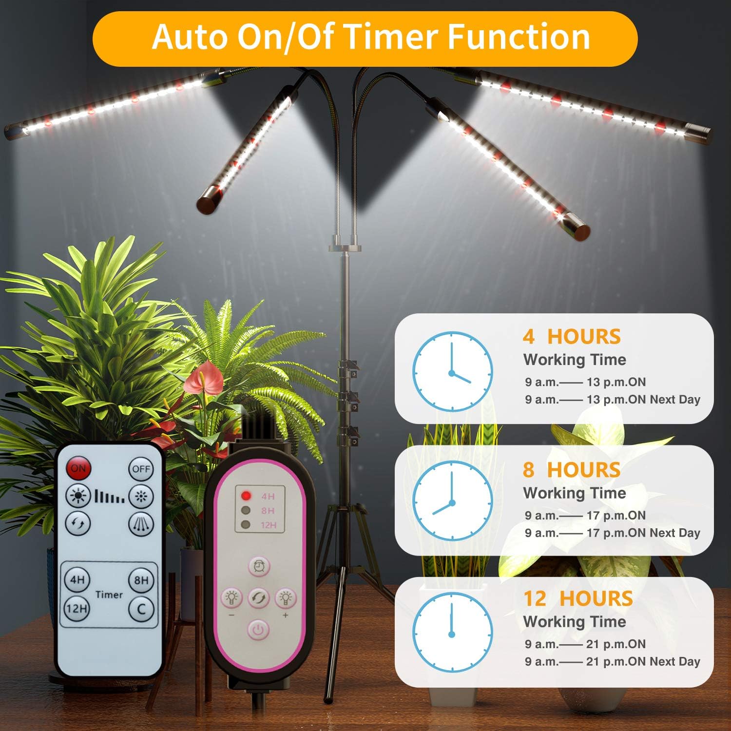 Diagram showing the auto on/off timer function with options for 4, 8, and 12 hours, along with the remote control and inline controller.
