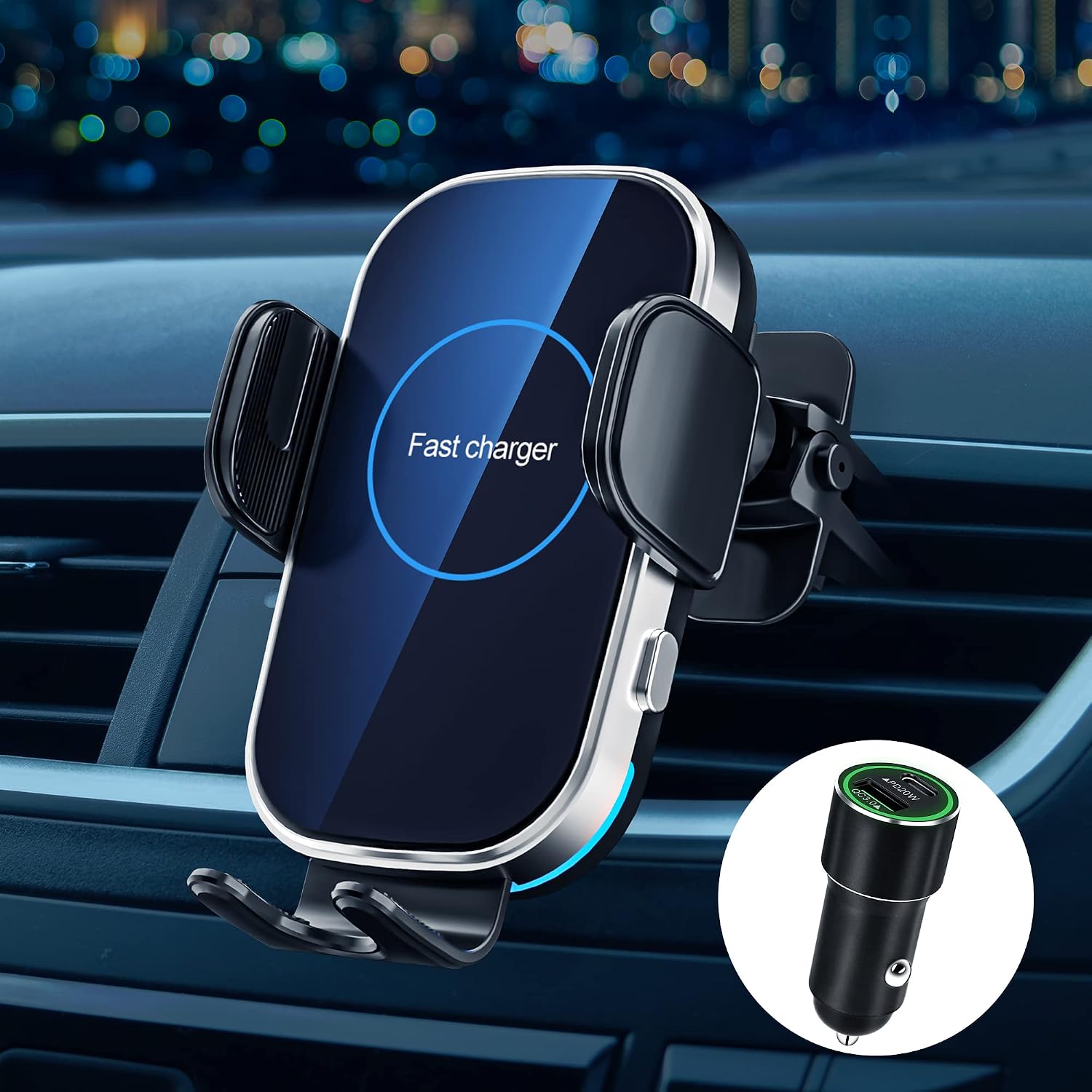 10W Fast Wireless Car Charger Mount - Auto-Clamping Air Vent Or Dashboard Holder