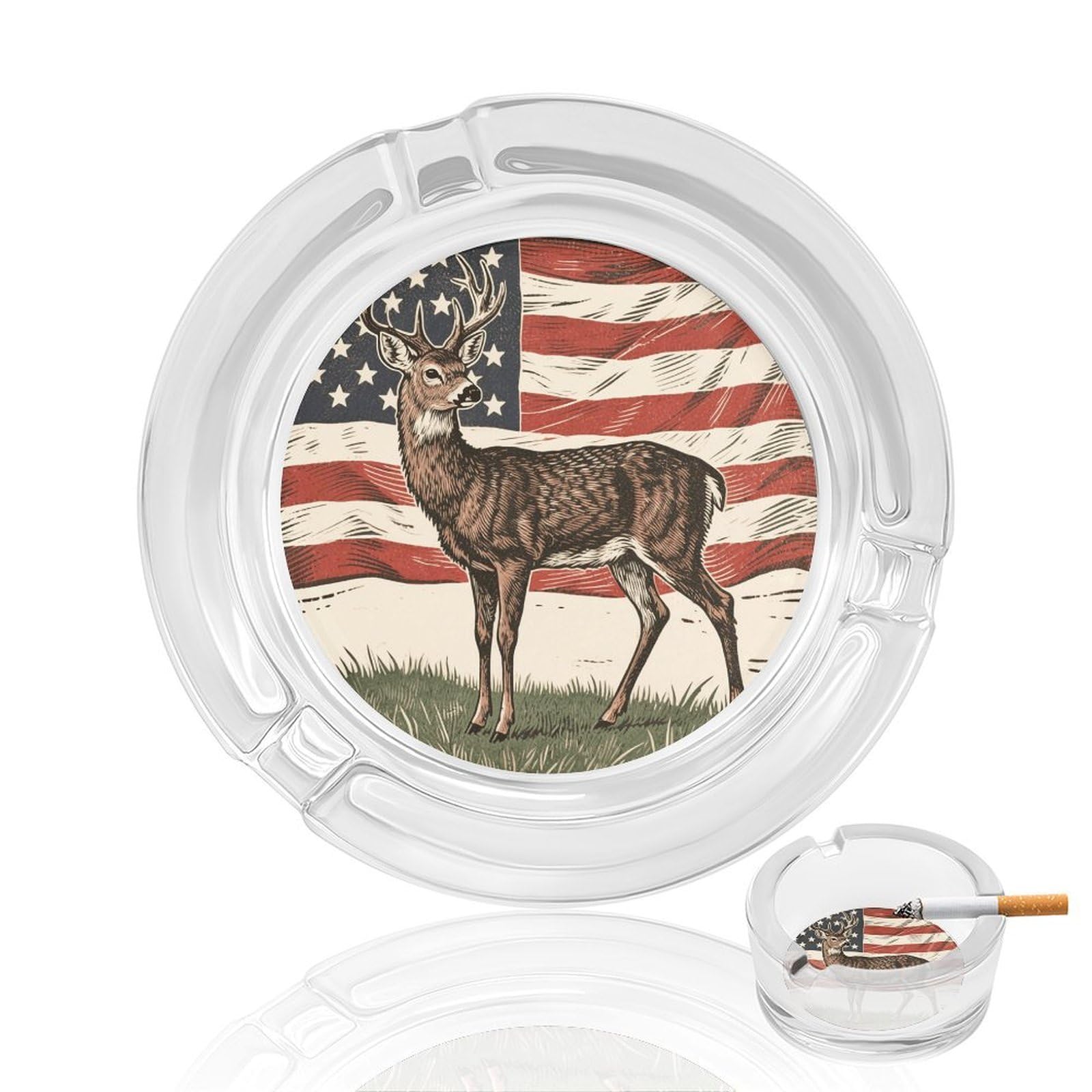 Deer American Flag Ashtray Cigar Cigarette Rest Glass Outdoor Cigar Ashtrays with 3 Grooves Travel Cigar Ashtrays Fancy Cute Cool Ash Tray for Smokers Tabletop