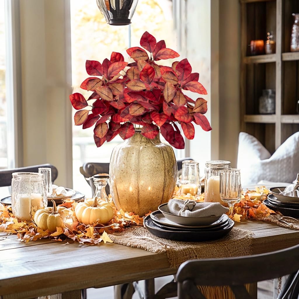 Briful 3 PCS Fall Leaves Artificial Magnolia Leaf Bush, 15" Autumn Fake Greenery Picks for Vase Floral Arrangement Kitchen Table Home Fall Decoration - Image 4