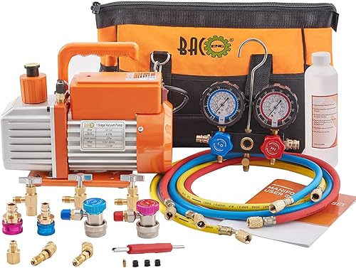 BACOENG R1234yf R32 - Bomba de vacío de CA y calibrador, kit de bomba de vacío HVAC de 4 CFM para sistema AUTOMini Split, bomba de vacío sin chispas