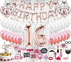 Sweet 16 Party Supplies|16th Birthday Decorations| Rose gold Confetti Balloons| Sweet 16 Cake Topper Rose Gold| Silver Foil Curtain for Photo Booth| Includes Photo Props | Sweet Sixteen Decoration| 16 - coolthings.us