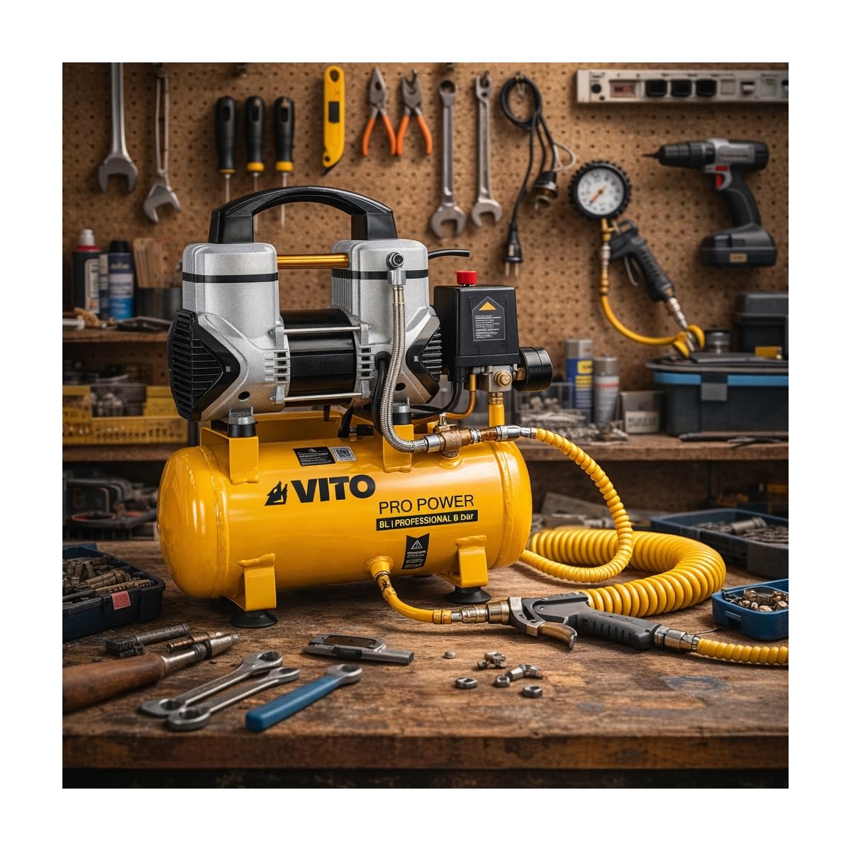 VITO Compresor silencioso 8L 1100W 8 bar/115 psi sin aceite 52-57 dB (LpA) manómetro conexión rápida