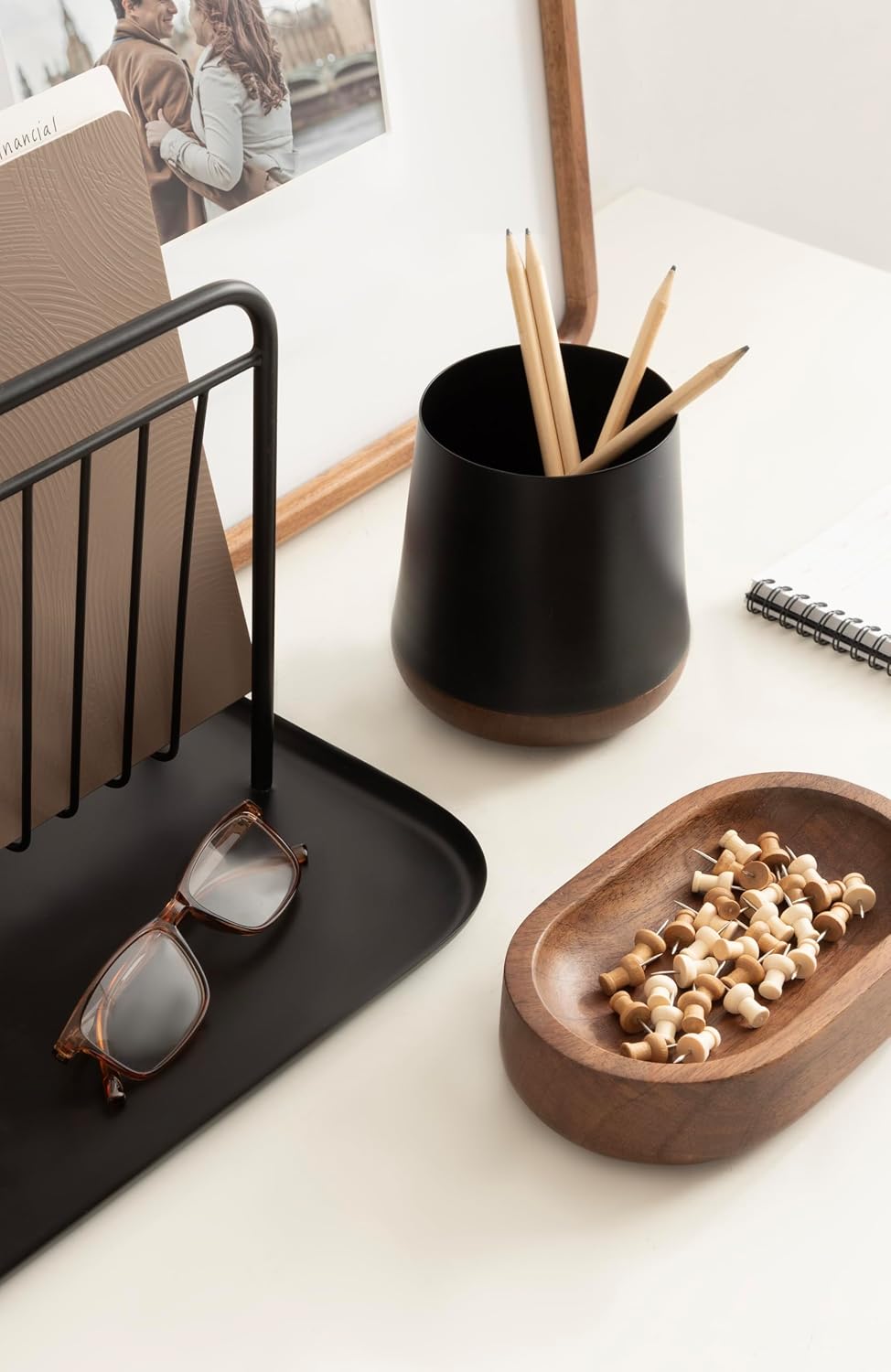 Kate and Laurel Koni Modern Three-Piece Home Office Organization Set, 13 x 8 x 9, Walnut Brown and Black, Wood and Metal Organizational Set for Office with File Folder Holder