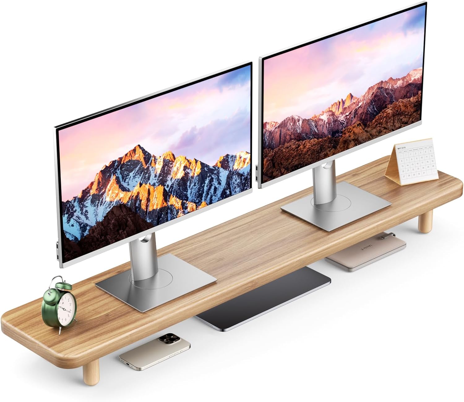Dual Monitor Stand Riser, 39 Inch Extra Long Wooden Desktop Monitor Riser with Storage for 2 Monitors Ultra Strong Desk Shelf Organizer Riser Ergonomic for 2 Screens/Laptop/PC/TV/Printer (Light Walnut, 39inches)