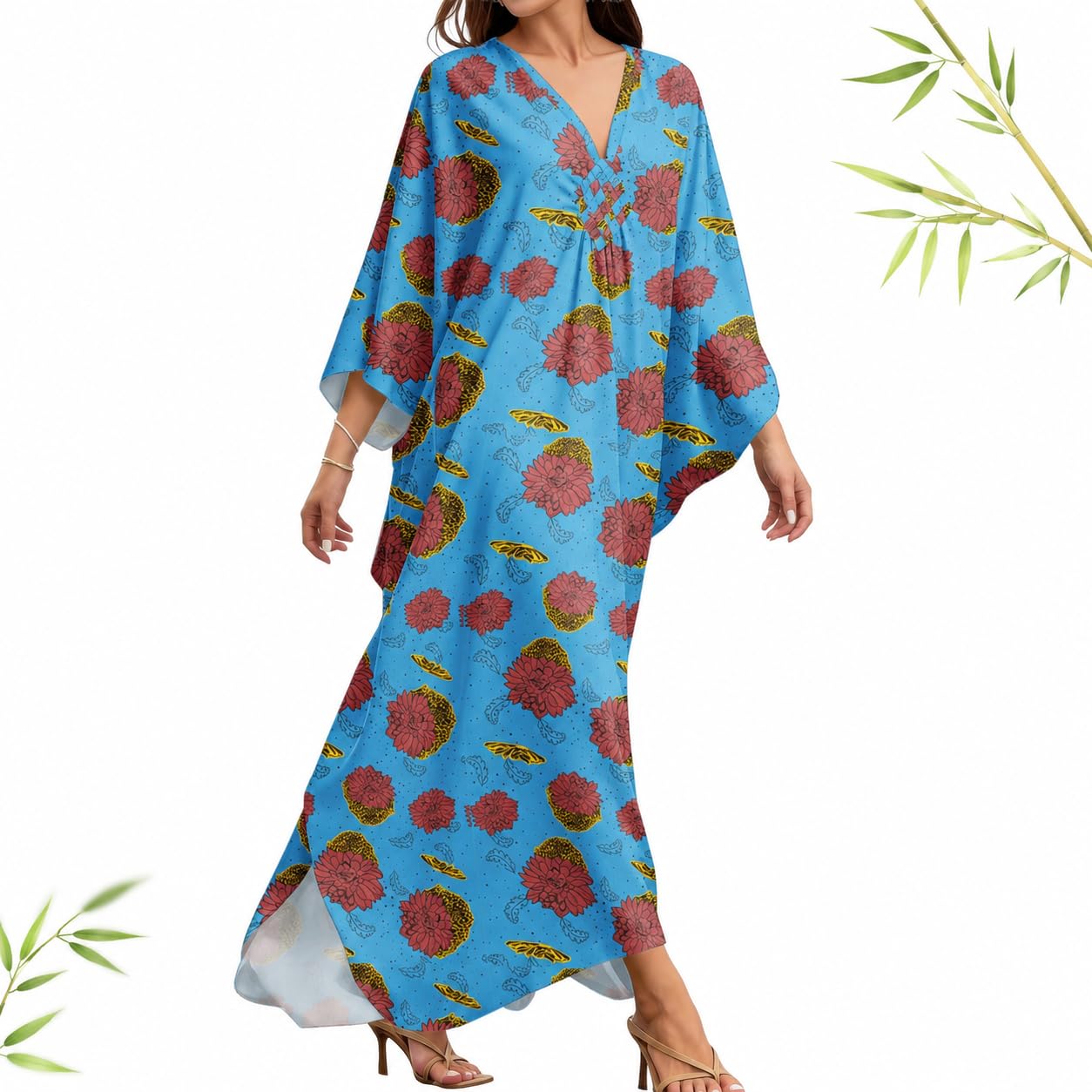 MAKABO Women's Bamboo Viscose Kaftan V Neck Muumuu Summer Maxi Caftan Dress