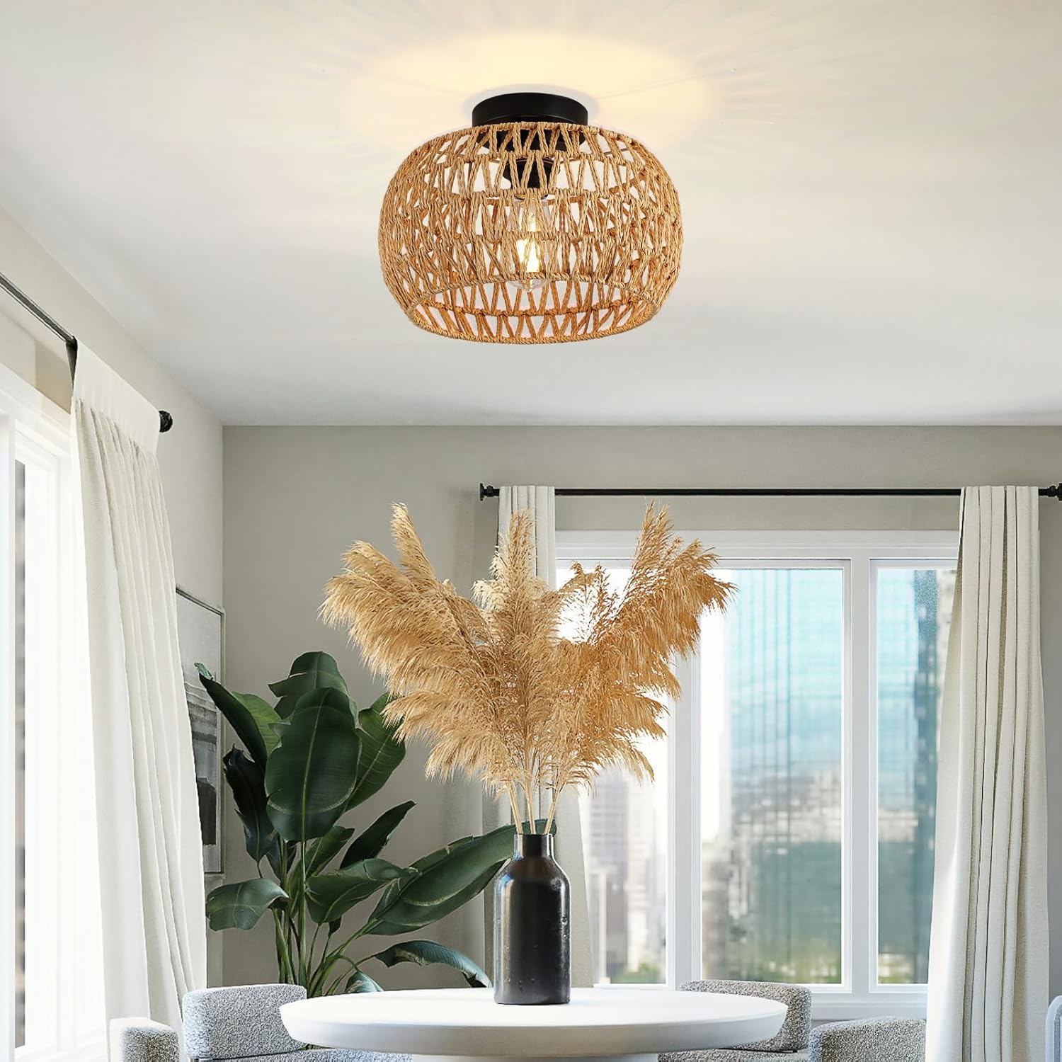 12" Boho Ceiling Light Fixture, Rattan Flush Mount Ceiling Light, Small Rustic Hand Woven Chandelier for Farmhouse Hallway Bedroom Kitchen Entryway Closet, E26 Socket