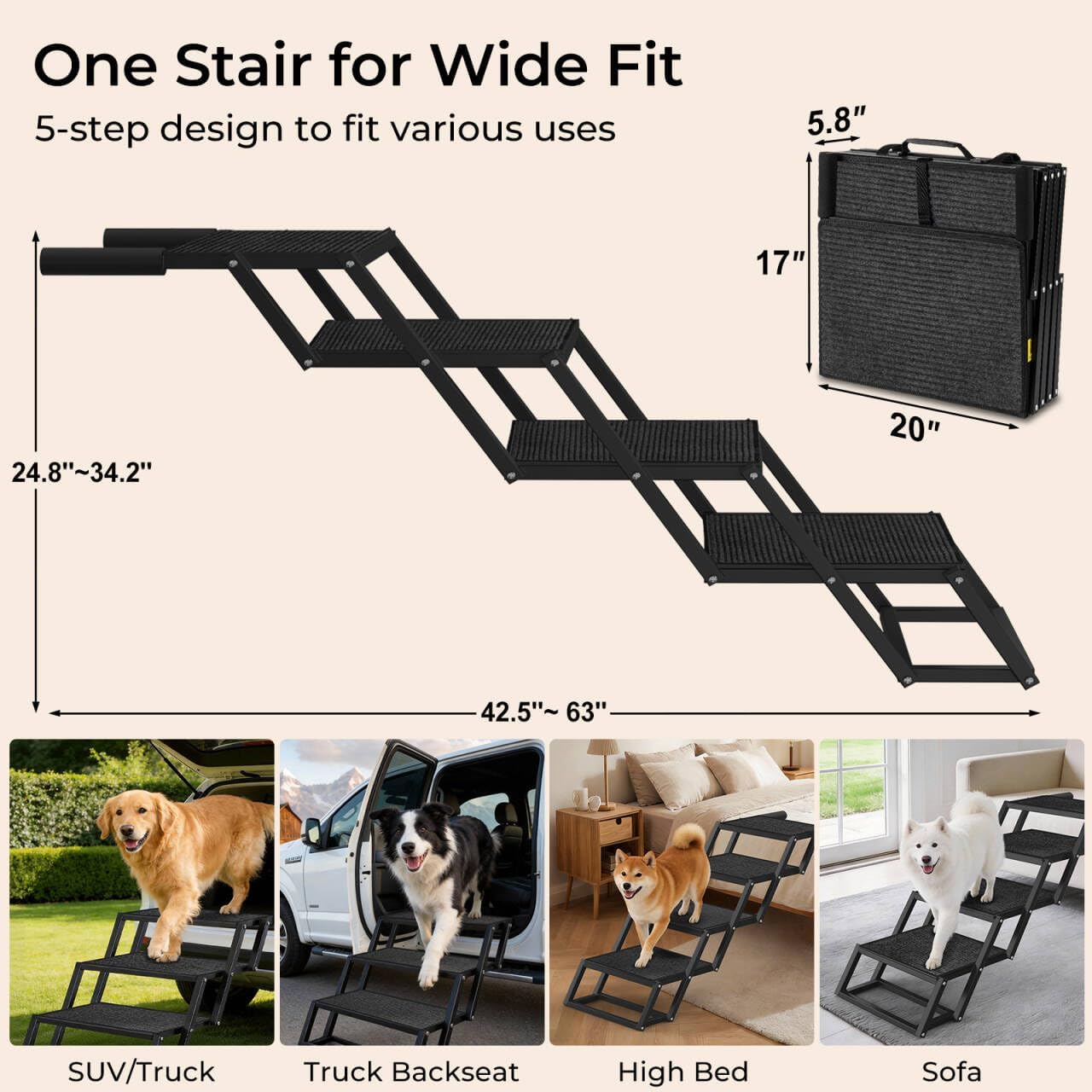 URPOWER Dog Stairs for Large Dogs Extra Wide 20" with 5 - Step Dog Ramp Steps for Car High Bed Foldable Pet Stairs with Detachable Non Slip Surface Car Ramps for SUV Truck Supports up to 260 LBS