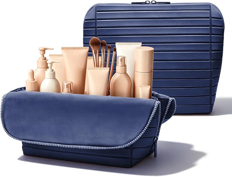 Necessaire organizadora de maquiagem Generic dobrável com divisórias ajustáveis, 27 bolsos e 3 suportes para pincéis, azul-marinho, grande