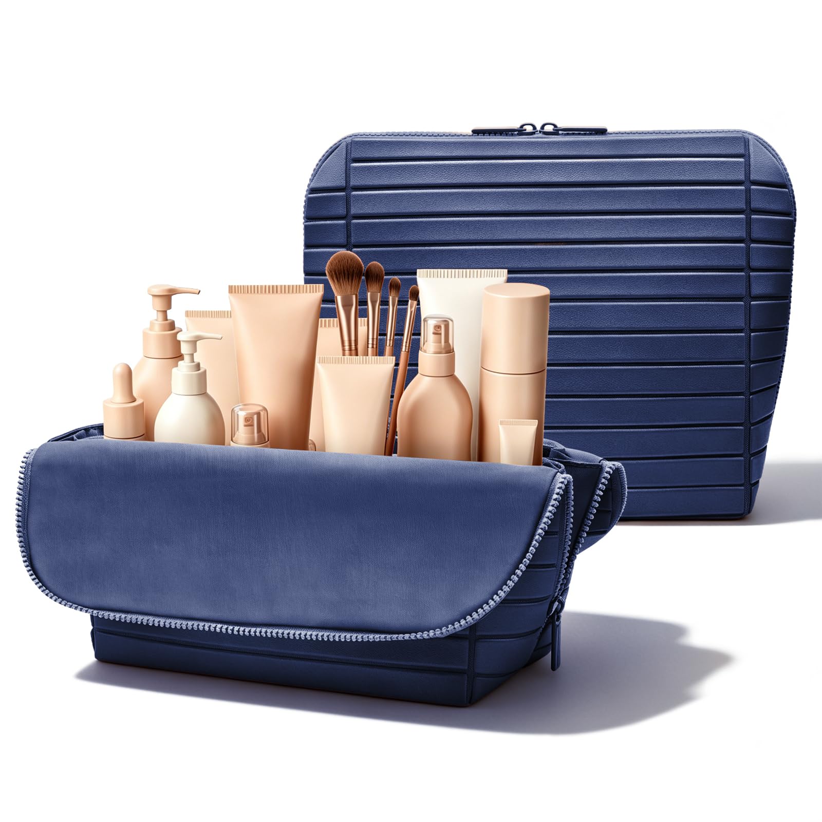 Travel Makeup Organizer Bag with Fold-Down Design and Adjustable Dividers, 27 Pockets & 3 Brush Storage Holders, Large Capacity Cosmetic Bags Toiletry Case (Navy Blue, Large)