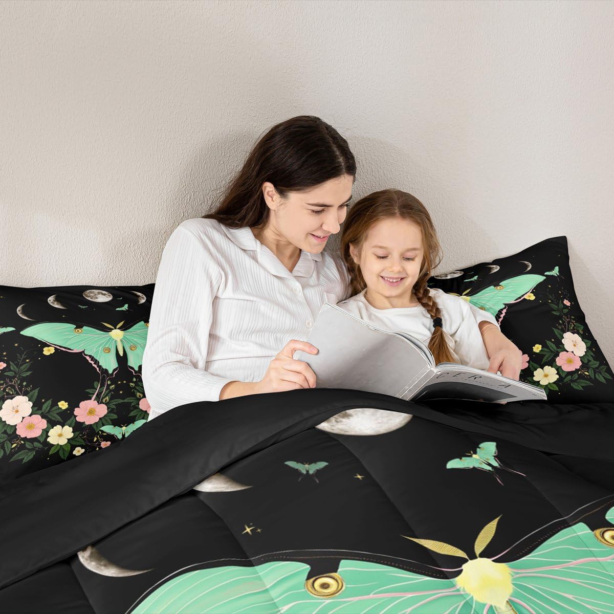 Homewish Moth Comforter Set Queen,Moon Planet Starry Sky Galaxy Bedding Set 3pcs for Kids Teens Boys Girls Room Decor, Gothic Butterfly Quilt Set Floral Duvet Insert with 2 Pillowcases