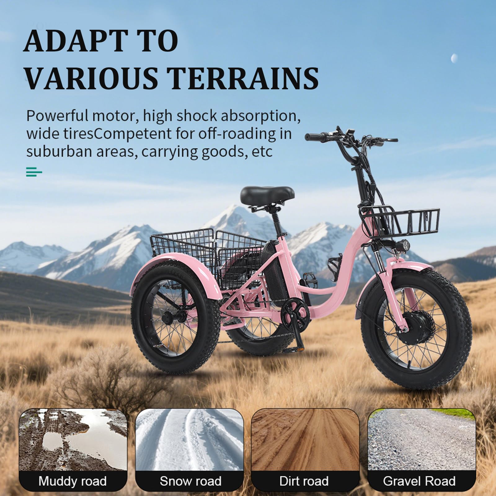 Triciclo elettrico per anziani, bici da neve con pneumatici larghi da 20'' a 7 velocità, cestini anteriori e posteriori, doppi freni a disco, display LCD, autonomia di 35 km, carico massimo