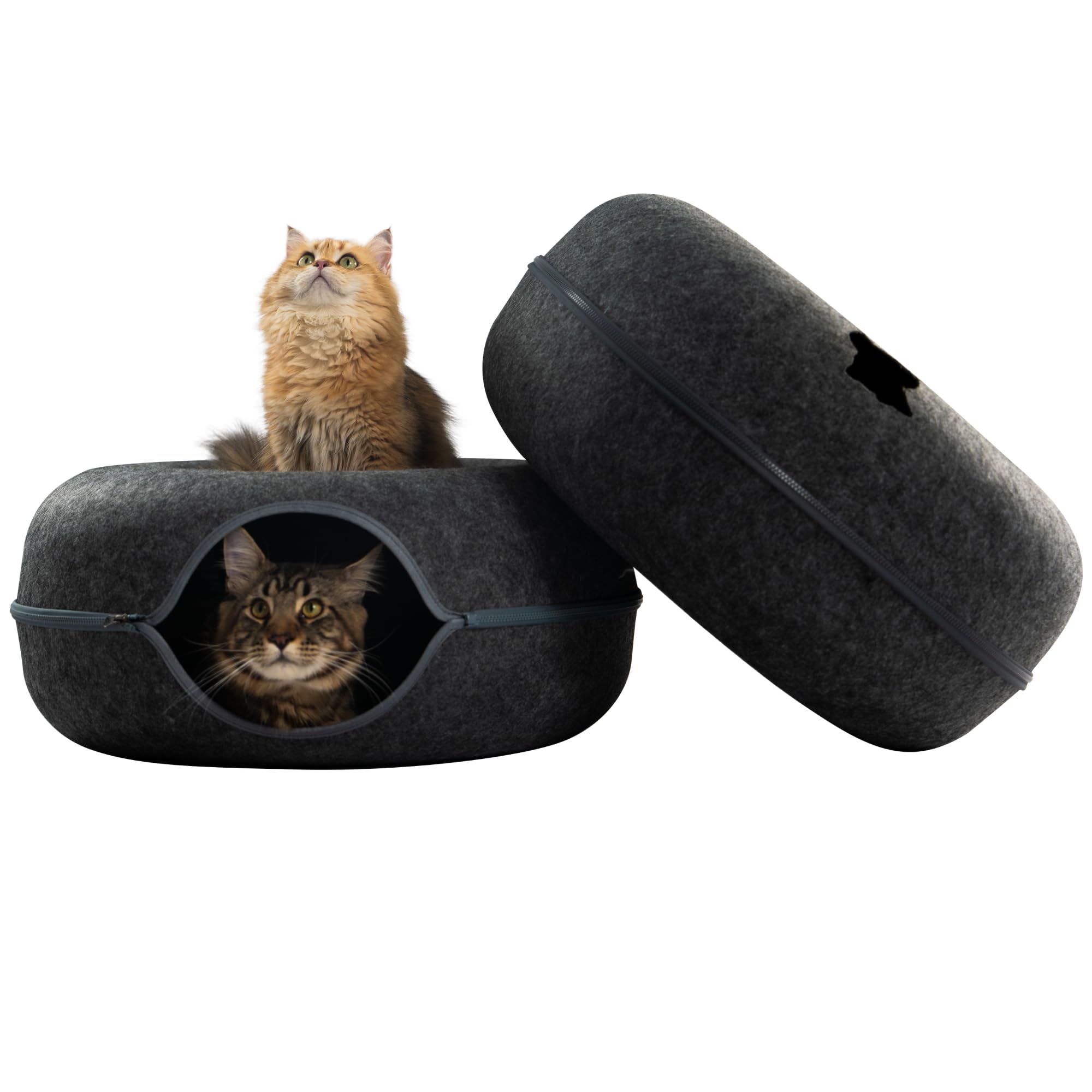 Cattasaurus Peekaboo Cat Cave Donut for Multiple & Large Cats up to 30-45 lbs, 3-in-1 Self Warming Cat Bed, Tunnel & Scratcher for Indoor Cats,
