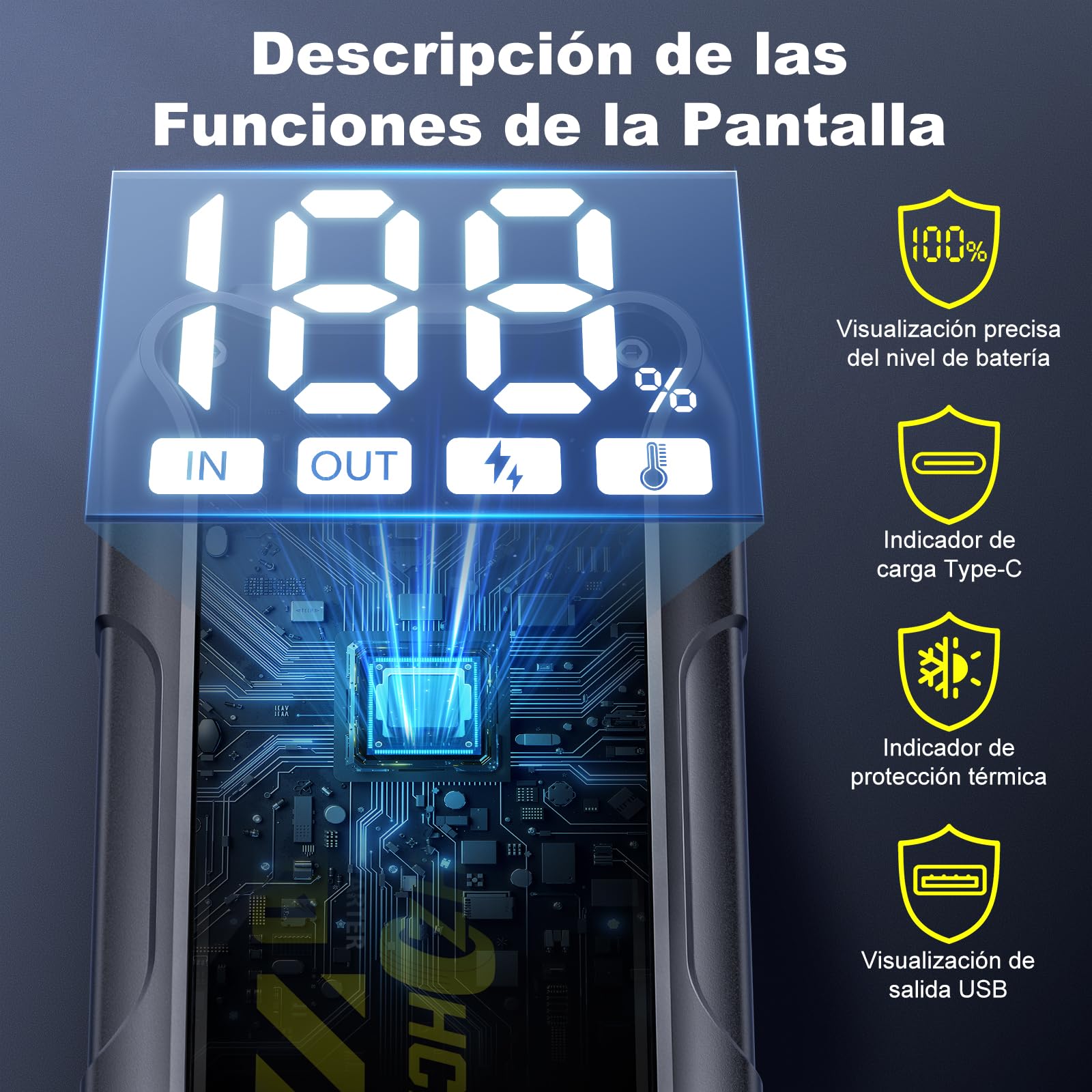 Arrancador de Coches 7000A 12V Arrancador de Baterias de Coche (para 10.0L de Gasolina o 8L de Diésel) Jump Starter Portátil con Linterna LED, USB Carga Rápida, Clips de Seguridad Inteligentes