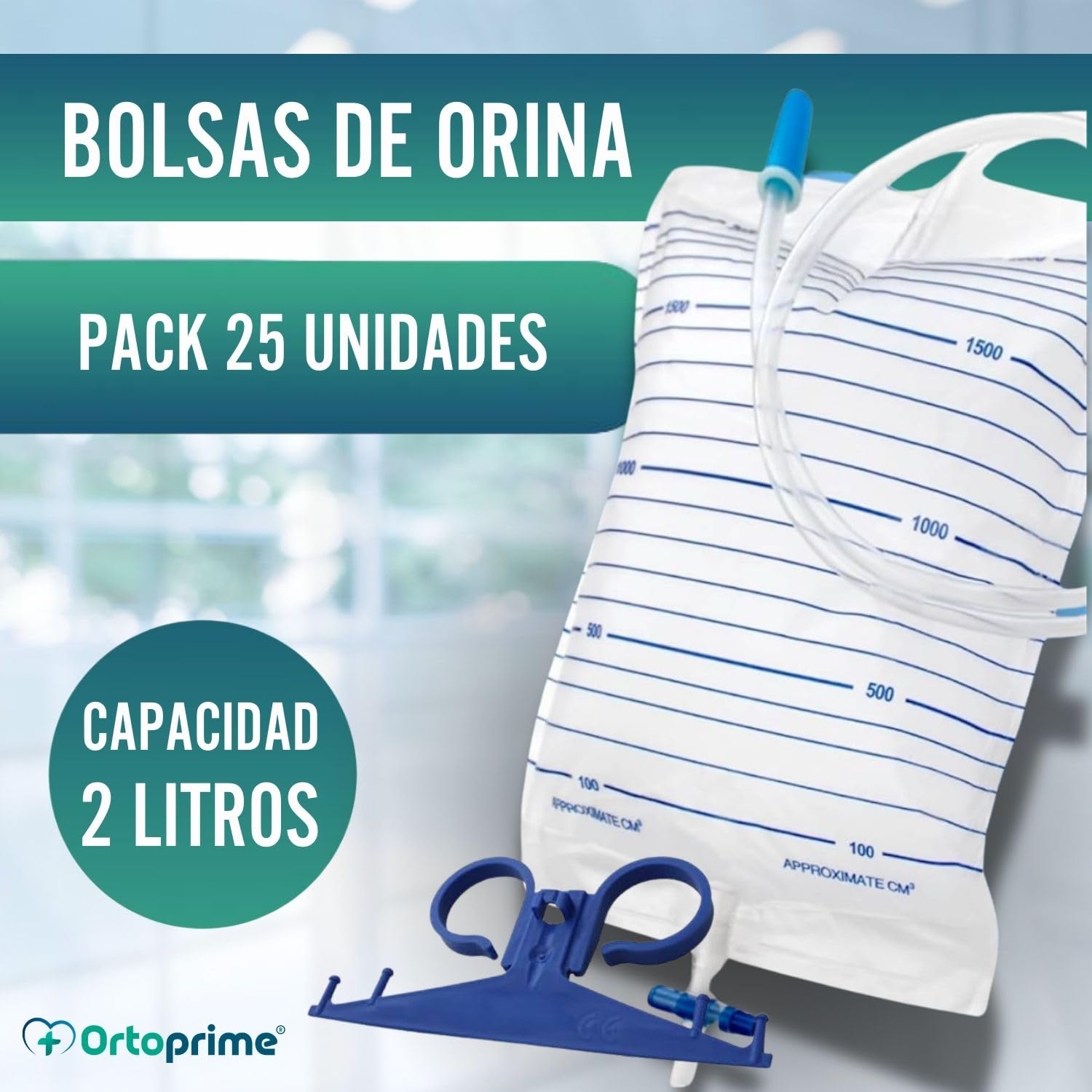 OrtoPrime Bolsas de Orina 2 Litros PACK 25 UNIDADES Bolsa Orinal Adulto VÁLVULA T ANTIRREFLUJO Bolsa de Urinario HOMBRE Y MUJER Bolsa de Drenaje Orina - Bolsas Sonda con GRIFO Bolsa Orina TUBO 120cm