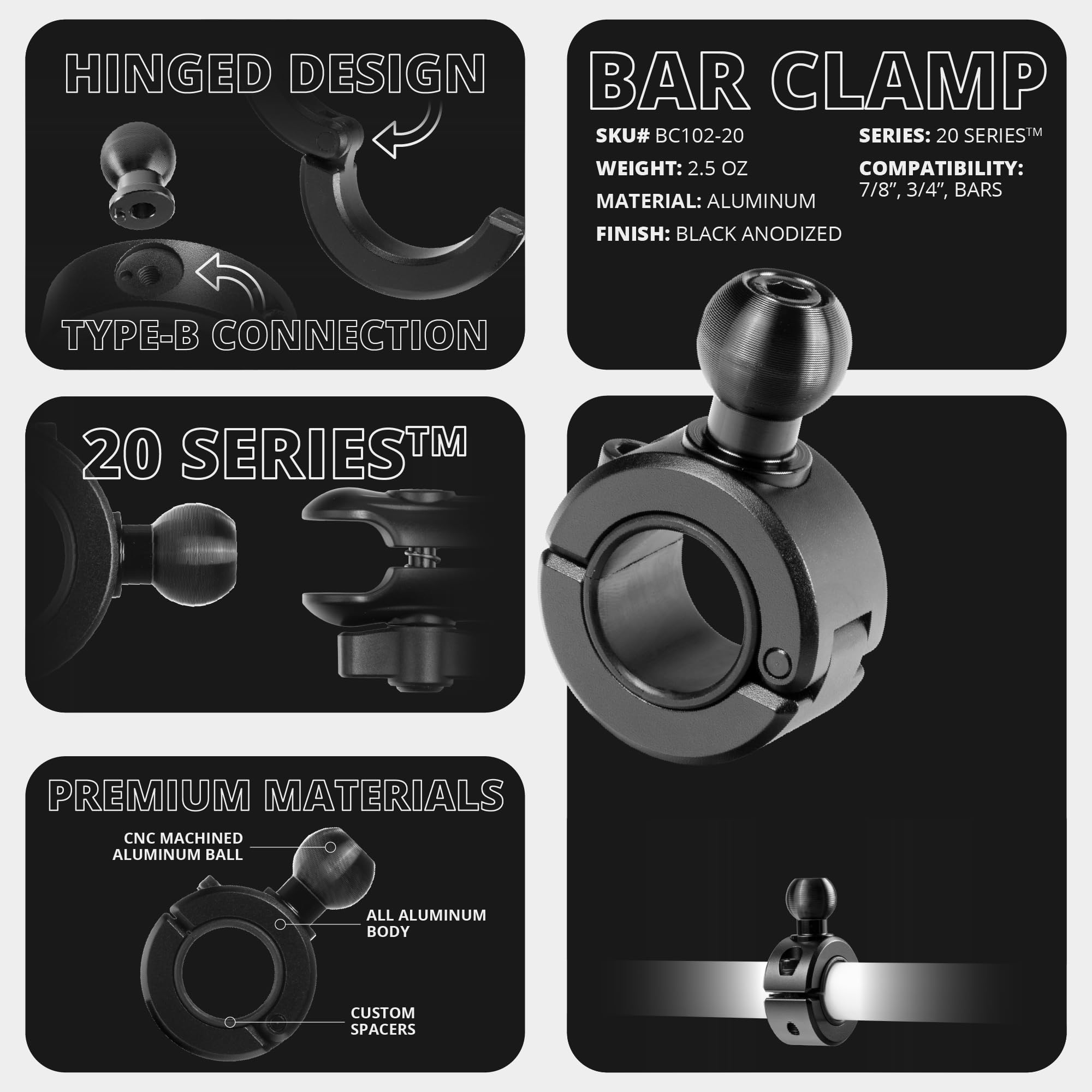 Lycogear Heavy Duty Aluminum C Clamp With 20mm Ball Joint - Tool-Free Tightening