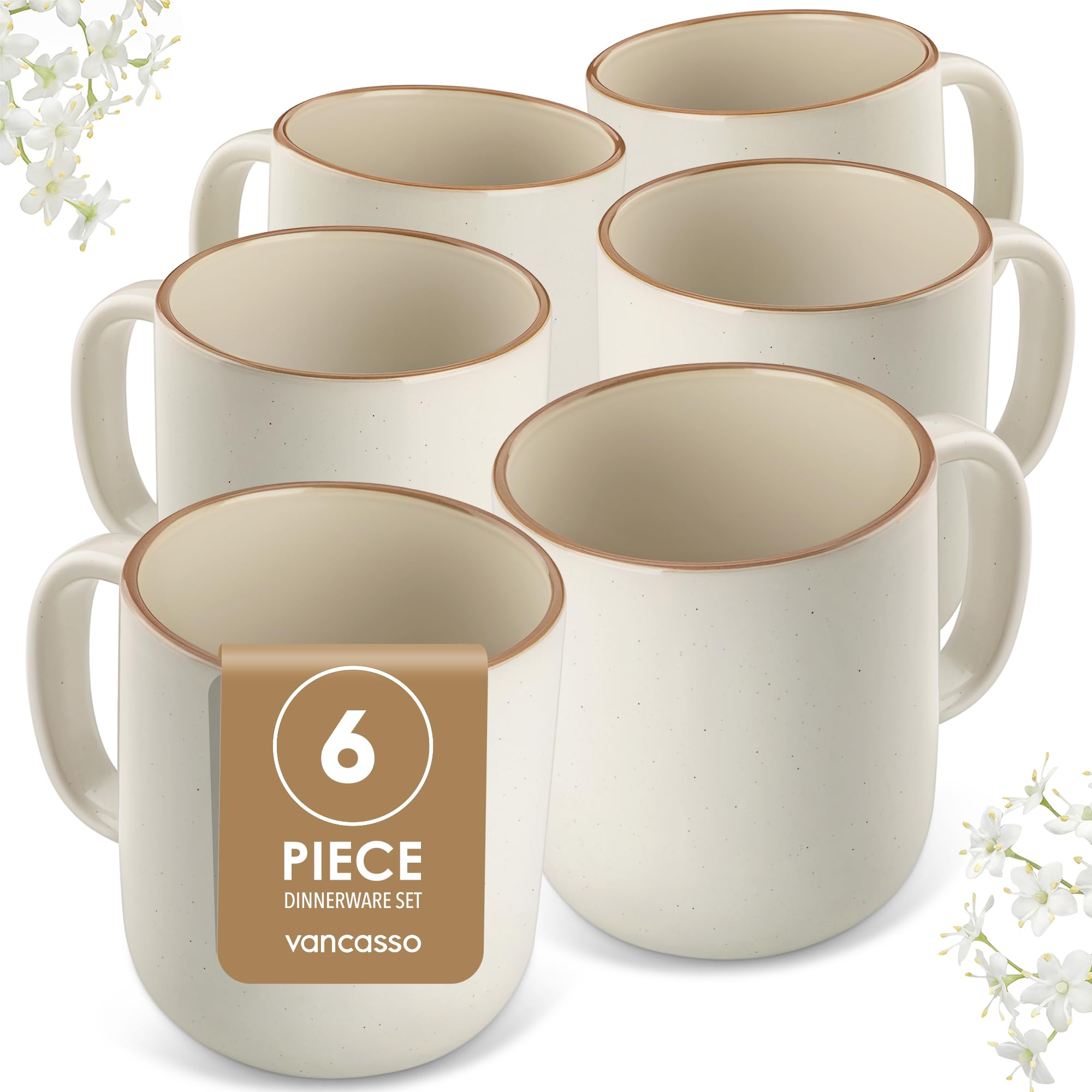 vancasso RENO - Juego de 6 Tazas de Gres Beige con Asa - 400 ml - Para Café con Leche, Té, Latte y Smoothies - Apto Lavavajillas y Microondas - Esmaltado Reactivo Claro