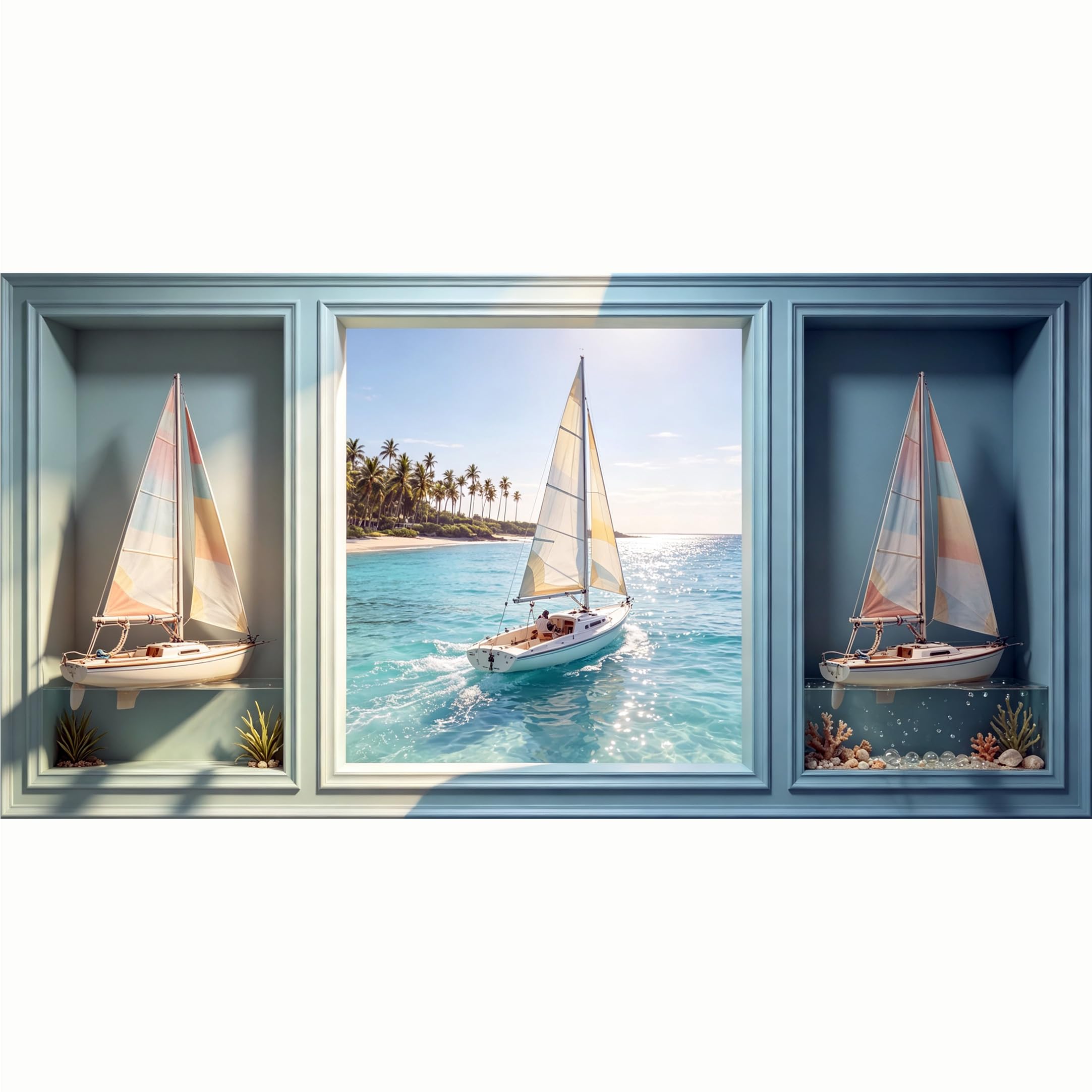 QZLITHOTIC 50x100cm 3D Framed Wall Art， Tropical Coastal Sailboat Ocean View Self‑Adhesive Mural， Water‑Activated Peel & Stick Fabric Decor Wall Decal for Bedroom Living Room