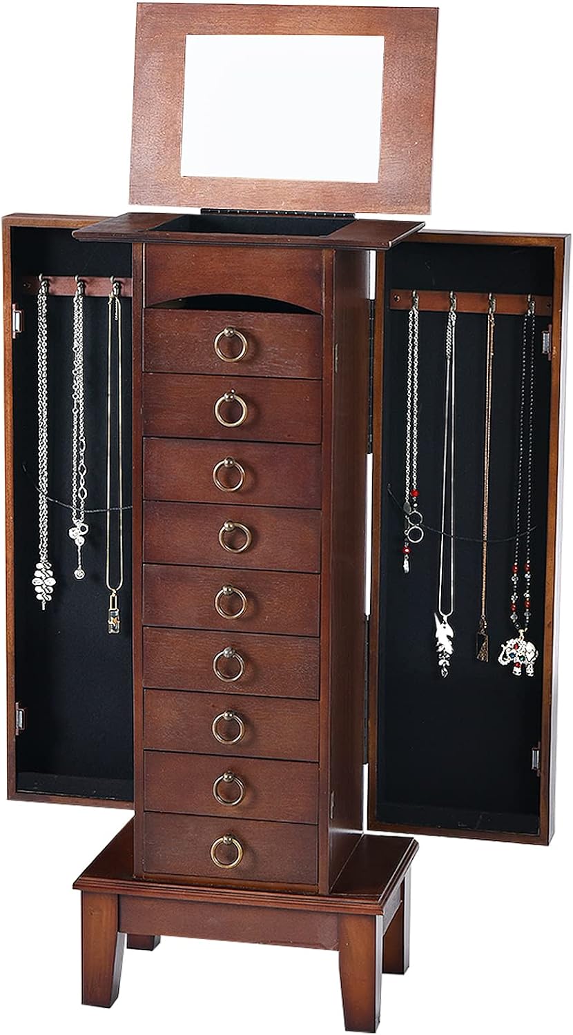 Standing Jewelry Armoire Cabinet, Wooden Jewelry Storage Chest w/Flip Top Mirror, 9 Drawers & 2 Side Doors, Large Capacity Jewelry Storage Organizer for Necklaces Bracelets Earrings