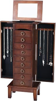 Standing Jewelry Armoire Cabinet, Wooden Jewelry Storage Chest w/Flip Top Mirror, 9 Drawers & 2 Side Doors, Large Capacity Jewelry Storage Organizer for Necklaces Bracelets Earrings