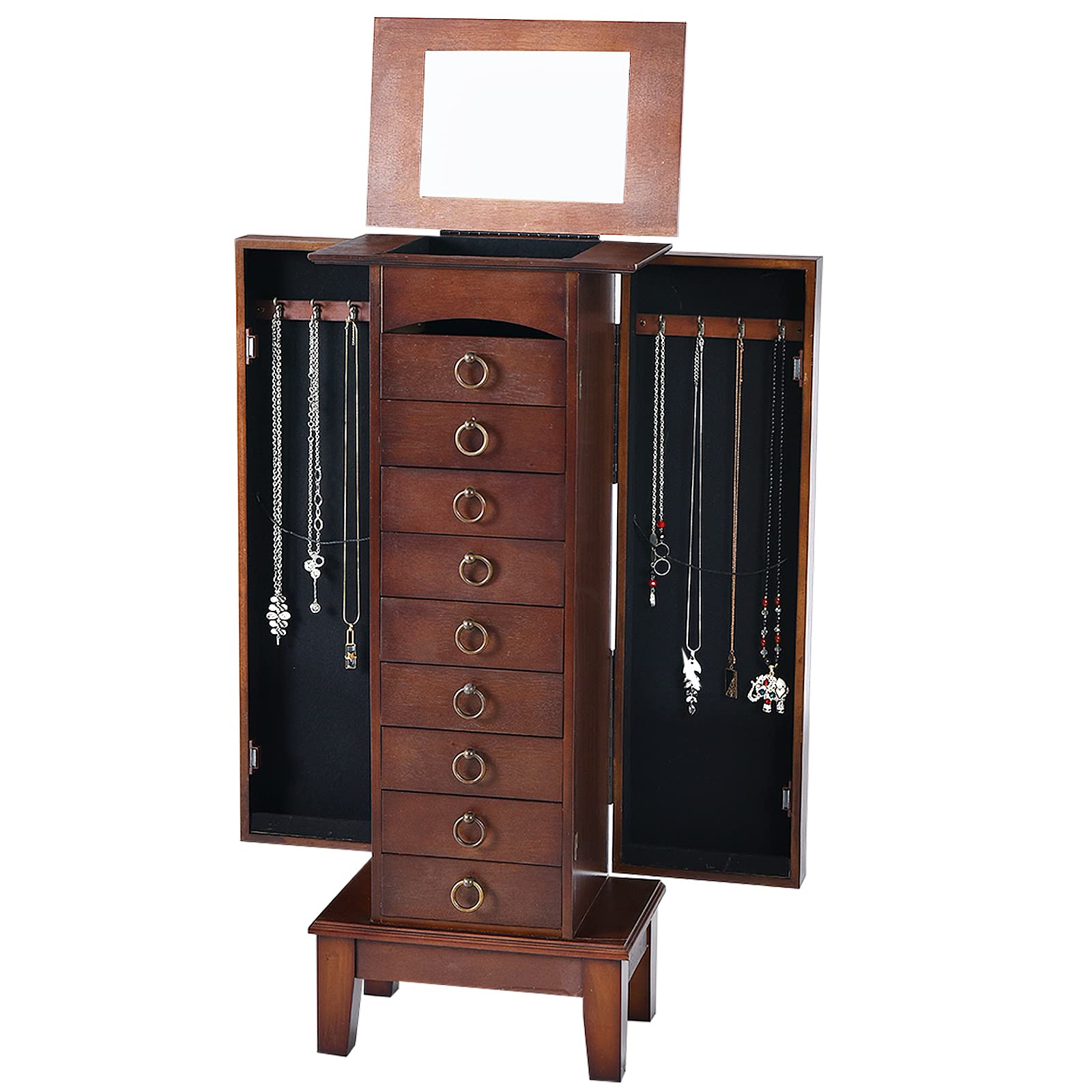 OFFICEJOY Standing Jewelry Armoire Cabinet, Wooden Jewelry Storage Chest w/Flip Top Mirror, 9 Drawers & 2 Side Doors, Large Capacity Jewelry Storage Organizer for Necklaces Bracelets Earrings
