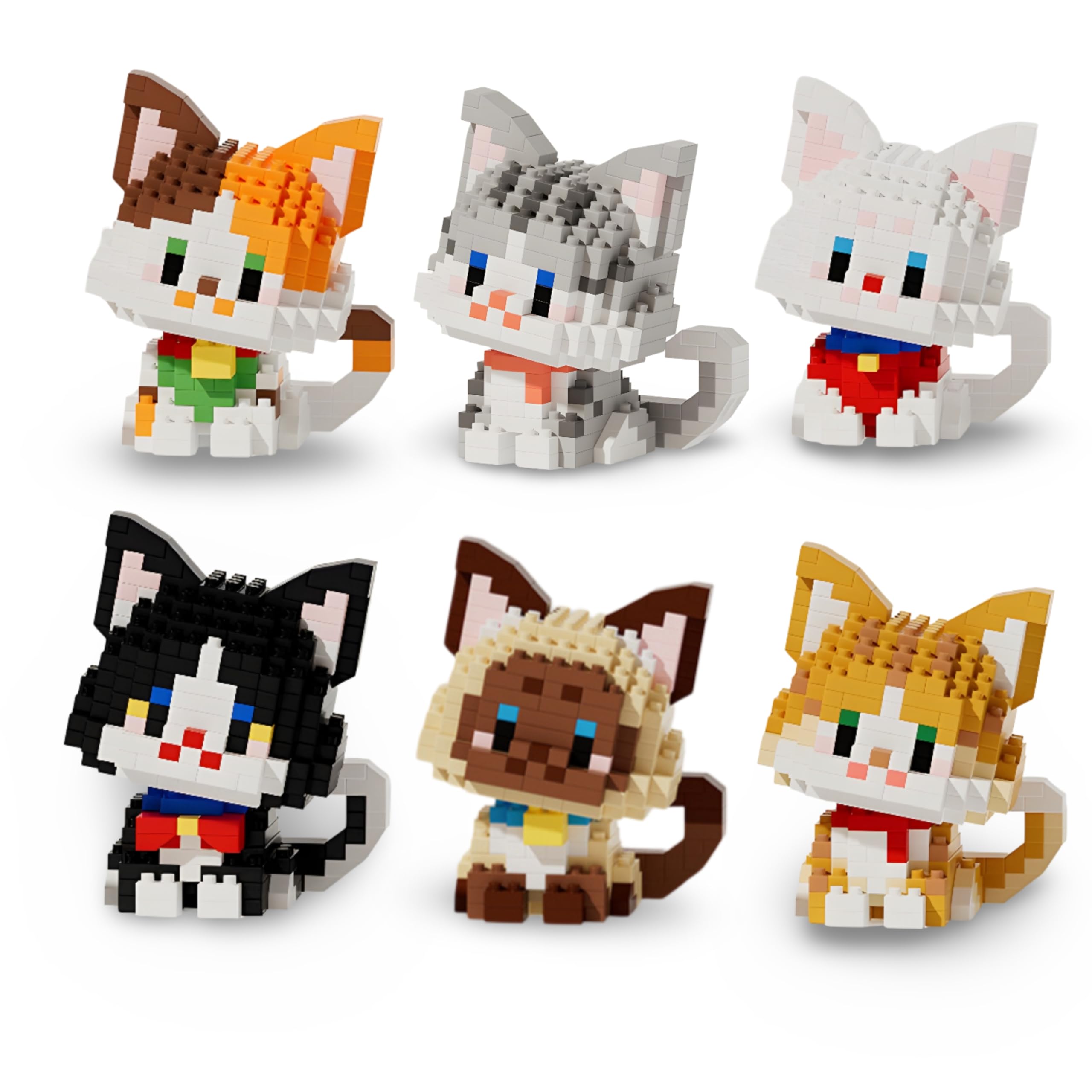 6 in 1 Cat Building Block Set, 2424 PCS Mini Bricks Cute Tabby Shaded Siamese Tuxedo Cat Building Toys, Kitty Building Model Kit for Desk Display, Collectible Educational Gift for Teens & Adults