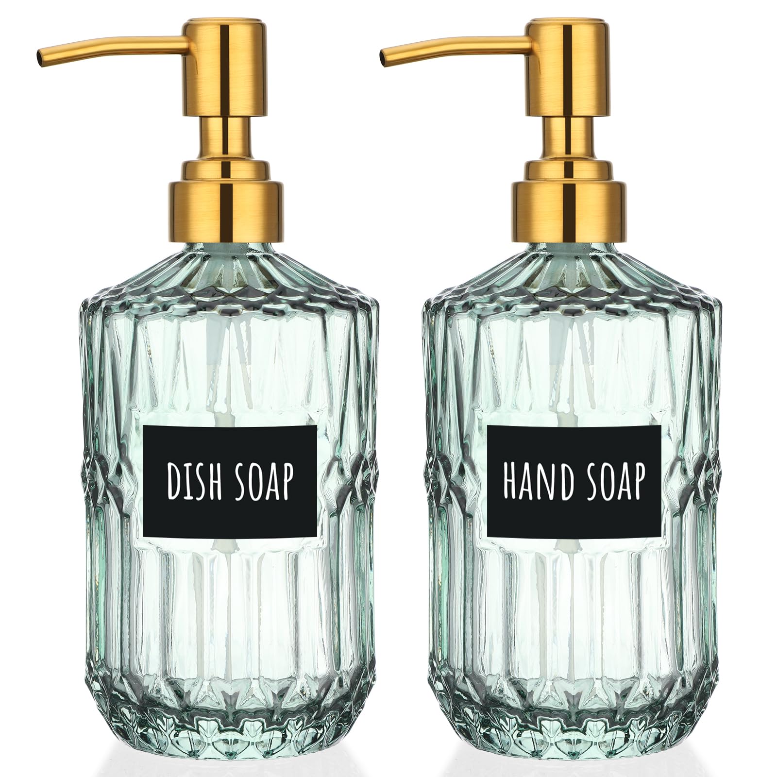 Segbeauty 15.2oz Glass Shampoo and Conditioner Dispenser with Label Stickers, 2pcs Green Glass Soap Dispensers with Stainless Steel Pump, 450ml Lotion Pump Bottle Liquid Containers for Cream Body Wash