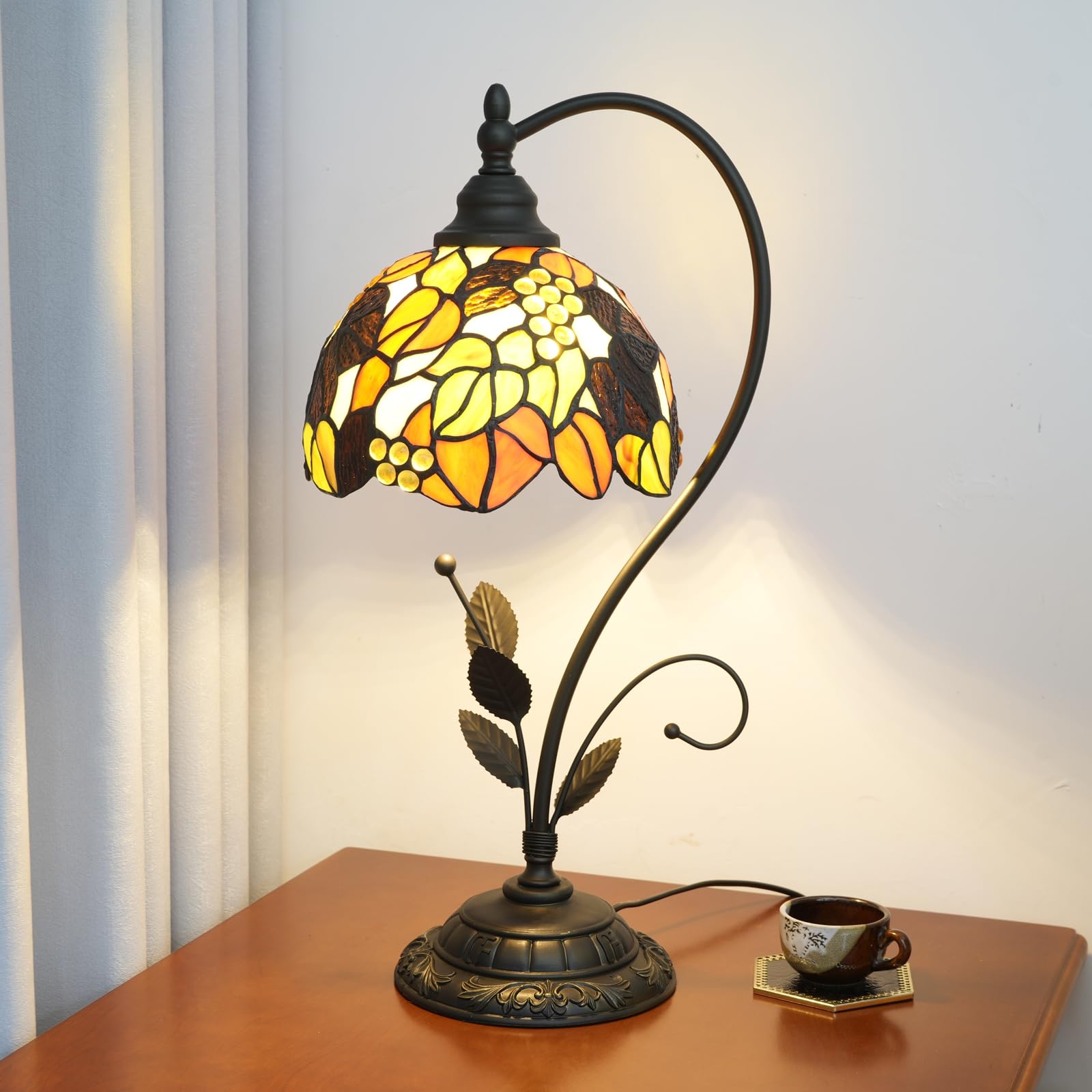 Blivuself Tiffany Tischlampe Orange Trauben Blätter Glasmale