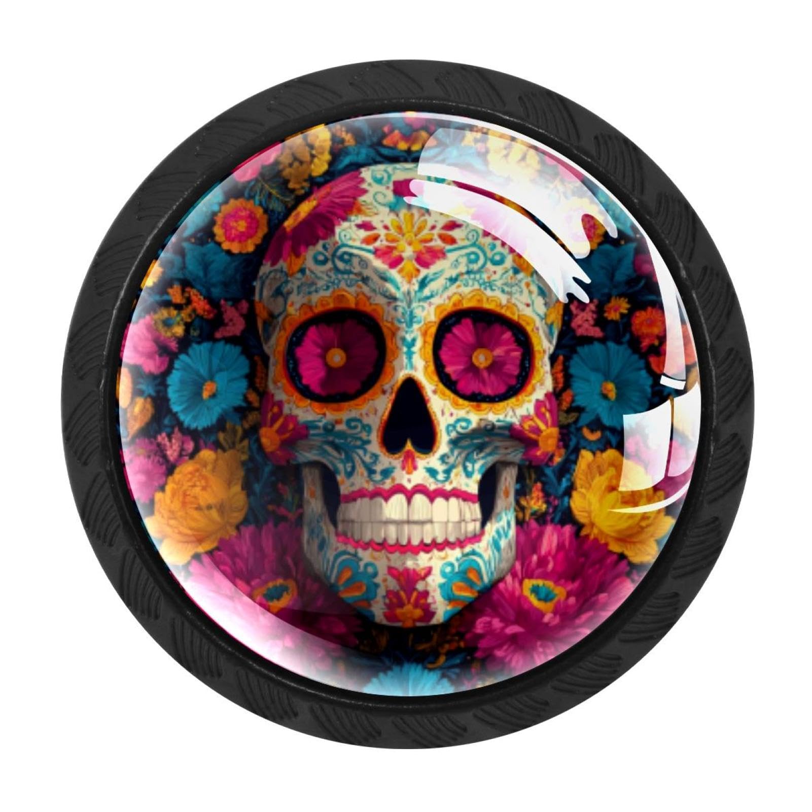 CHENZZZZ 4PCS Sugar Skull Mexico Dresser Knob Round Glass Drawer Knobs Pulls Cabinet Handle for Home Kitchen Office Bathroom Wardrobe Cupboard